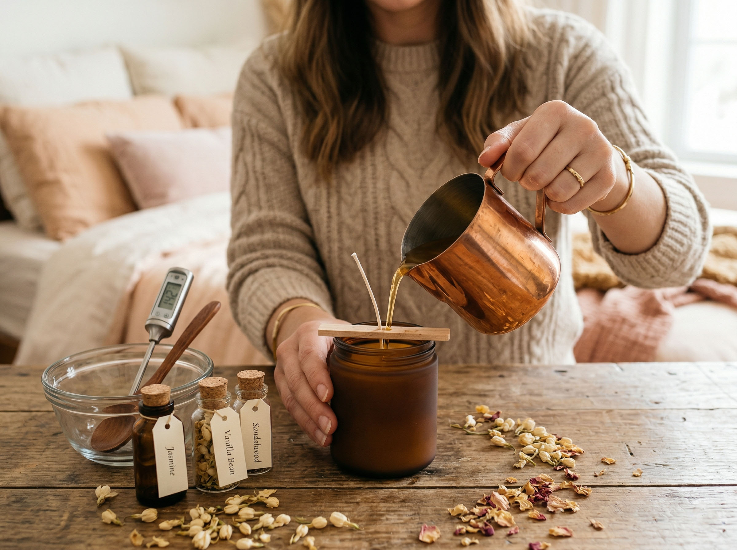 Une femme versant avec précaution de la cire de soja dorée fondue dans un pot en verre ambré dépoli pour créer une bougie parfumée.