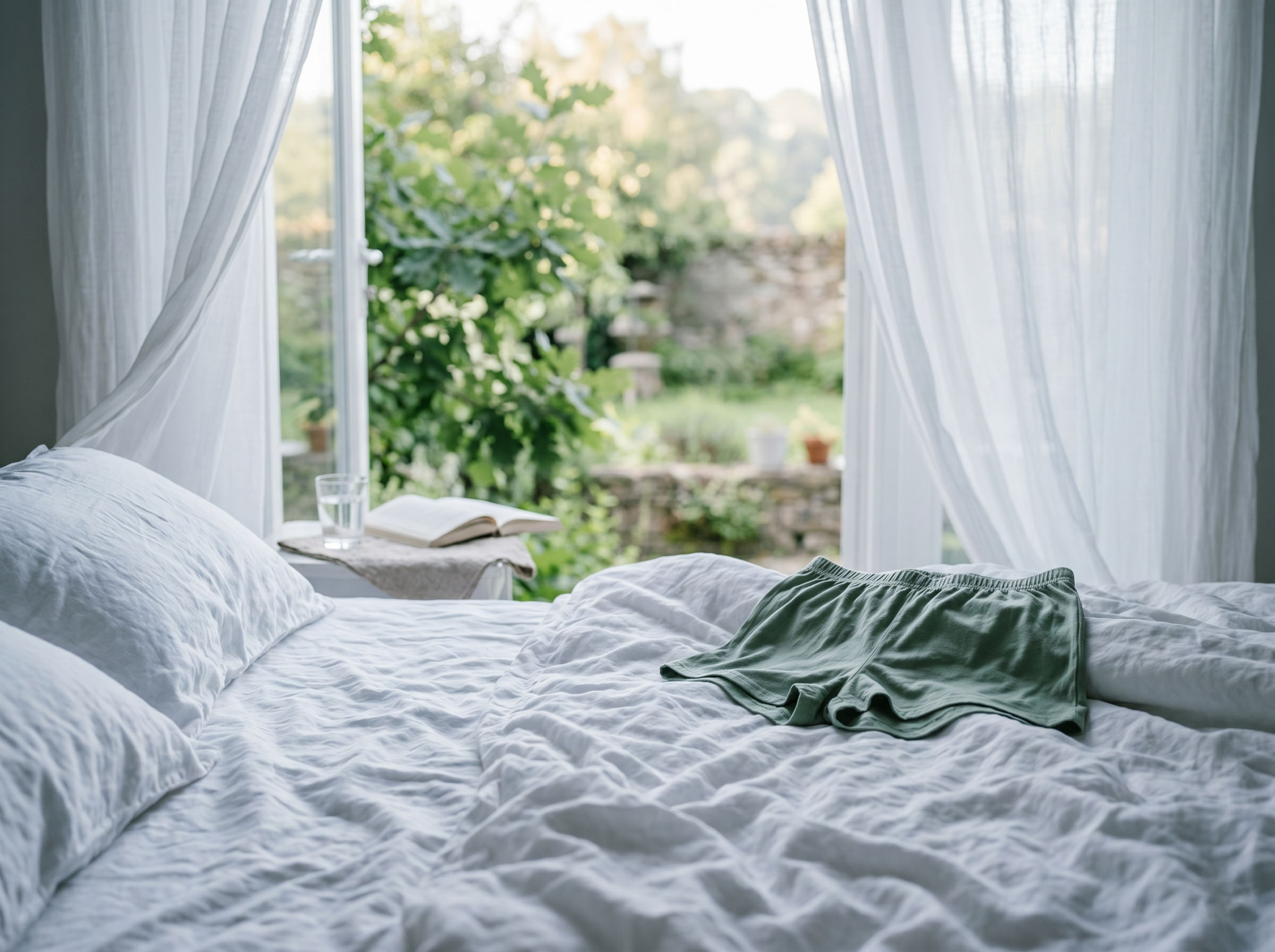 Soft-focus shot of rumpled white linen bedsheets in the early morning light. A pair of loose, breathable women's cotton pajama shorts sits at the edge of the bed overlooking a garden.
