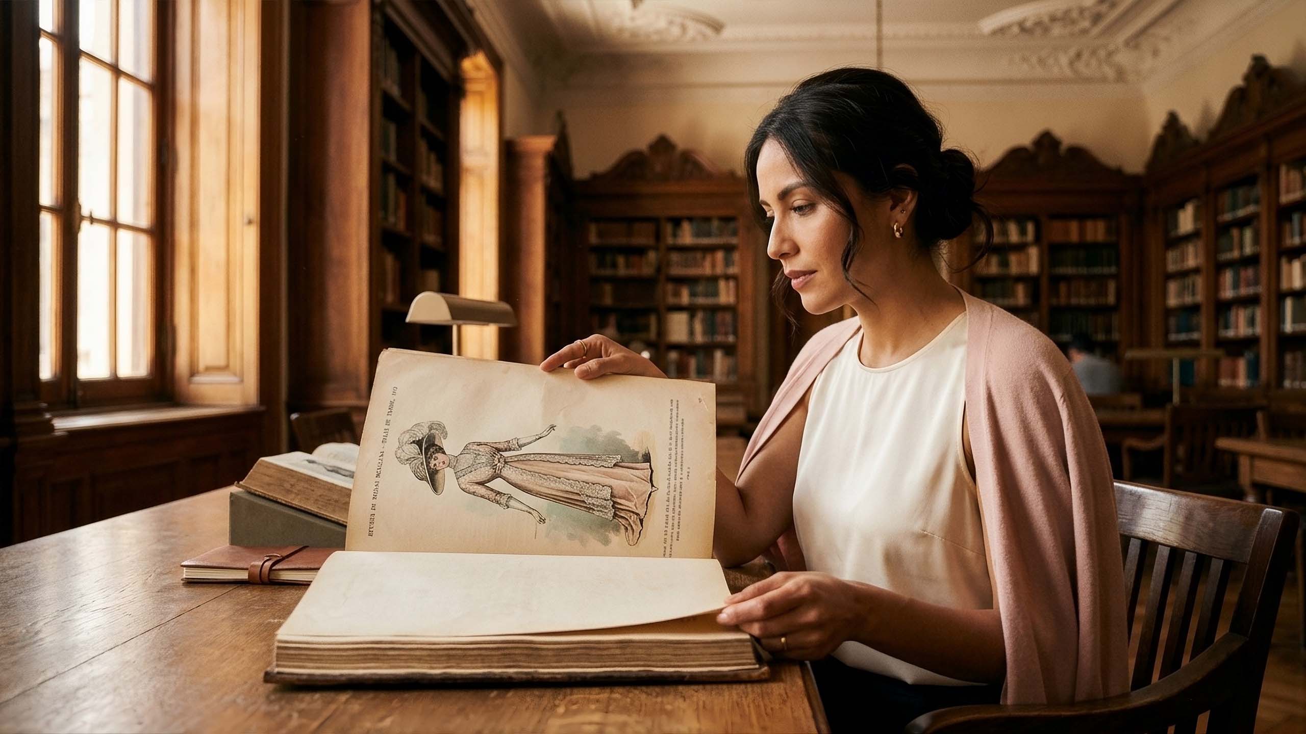 Mujer en una biblioteca histórica leyendo un volumen encuadernado de revistas de moda de la década de 1910 mientras investiga cuándo empezaron las mujeres a depilarse las axilas.