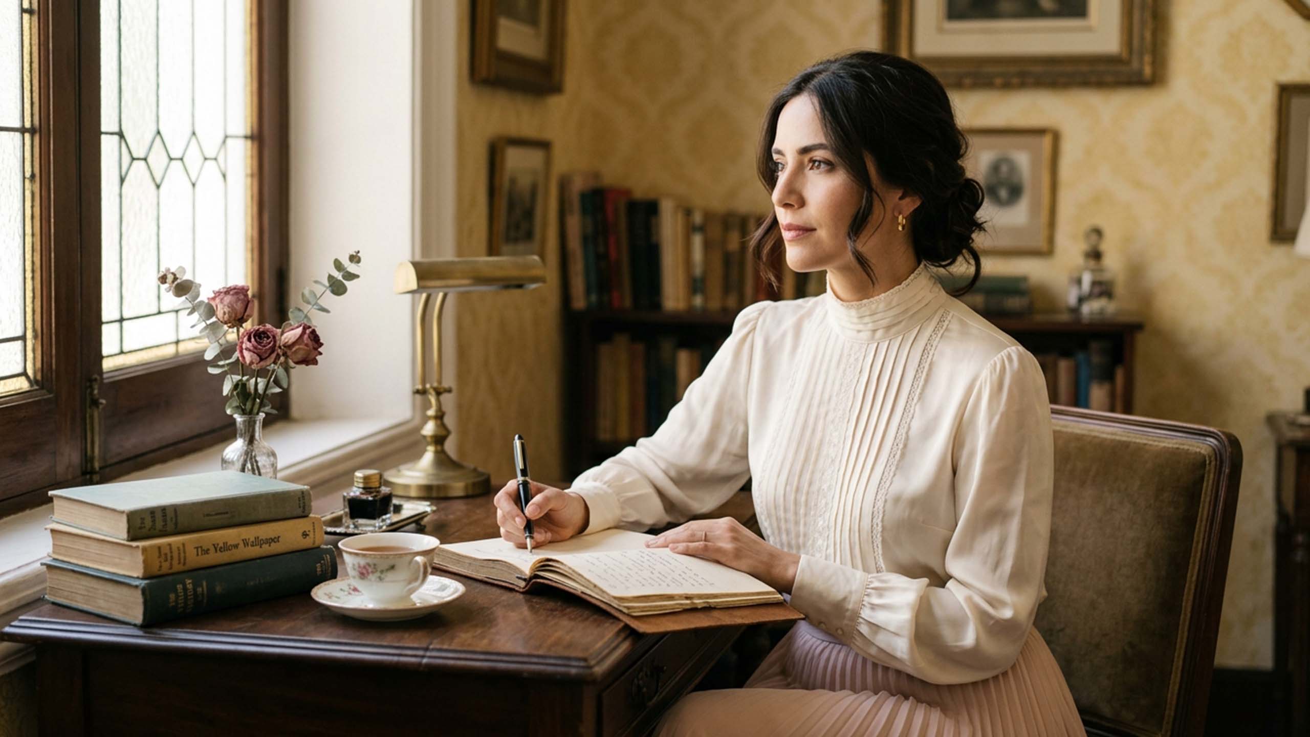 Mujer escribiendo en un escritorio antiguo frente a un papel pintado amarillo descolorido, evocando la historia de la cura de reposo victoriana y El papel pintado amarillo.