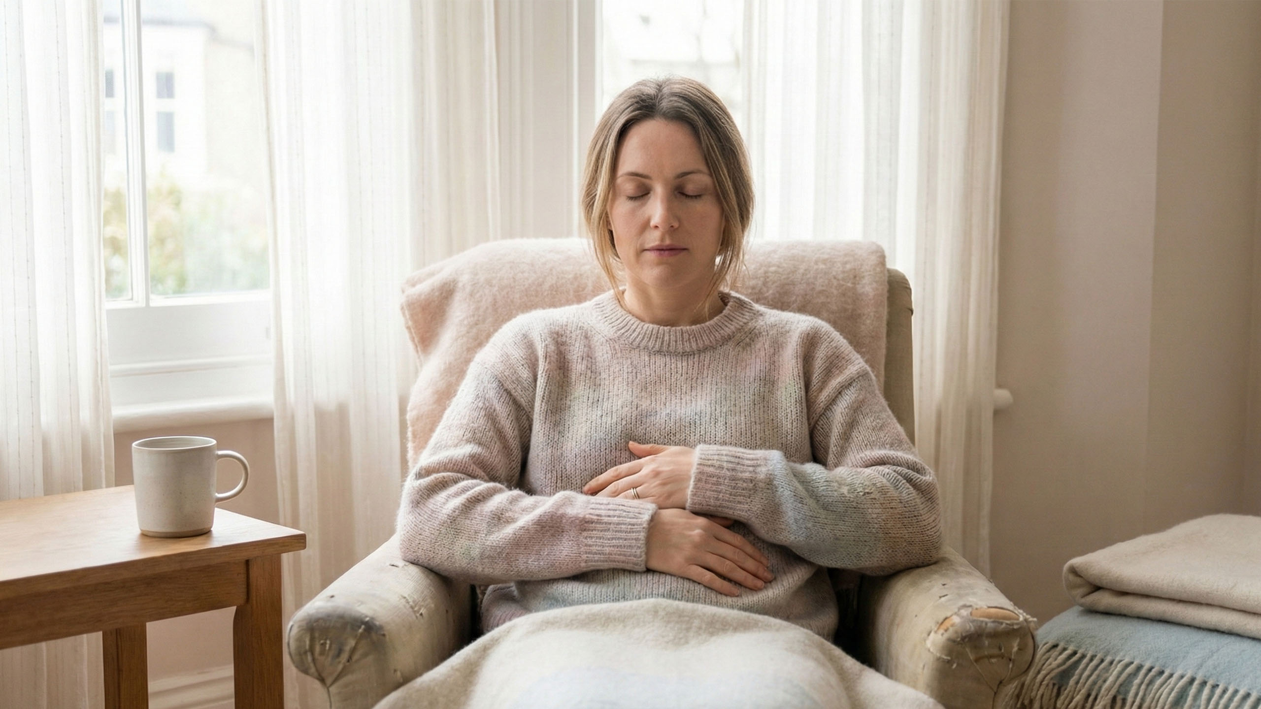 Eine Frau praktiziert achtsame Pr&auml;senz w&auml;hrend der Heilung emotionaler Intimit&auml;t in Beziehungen.