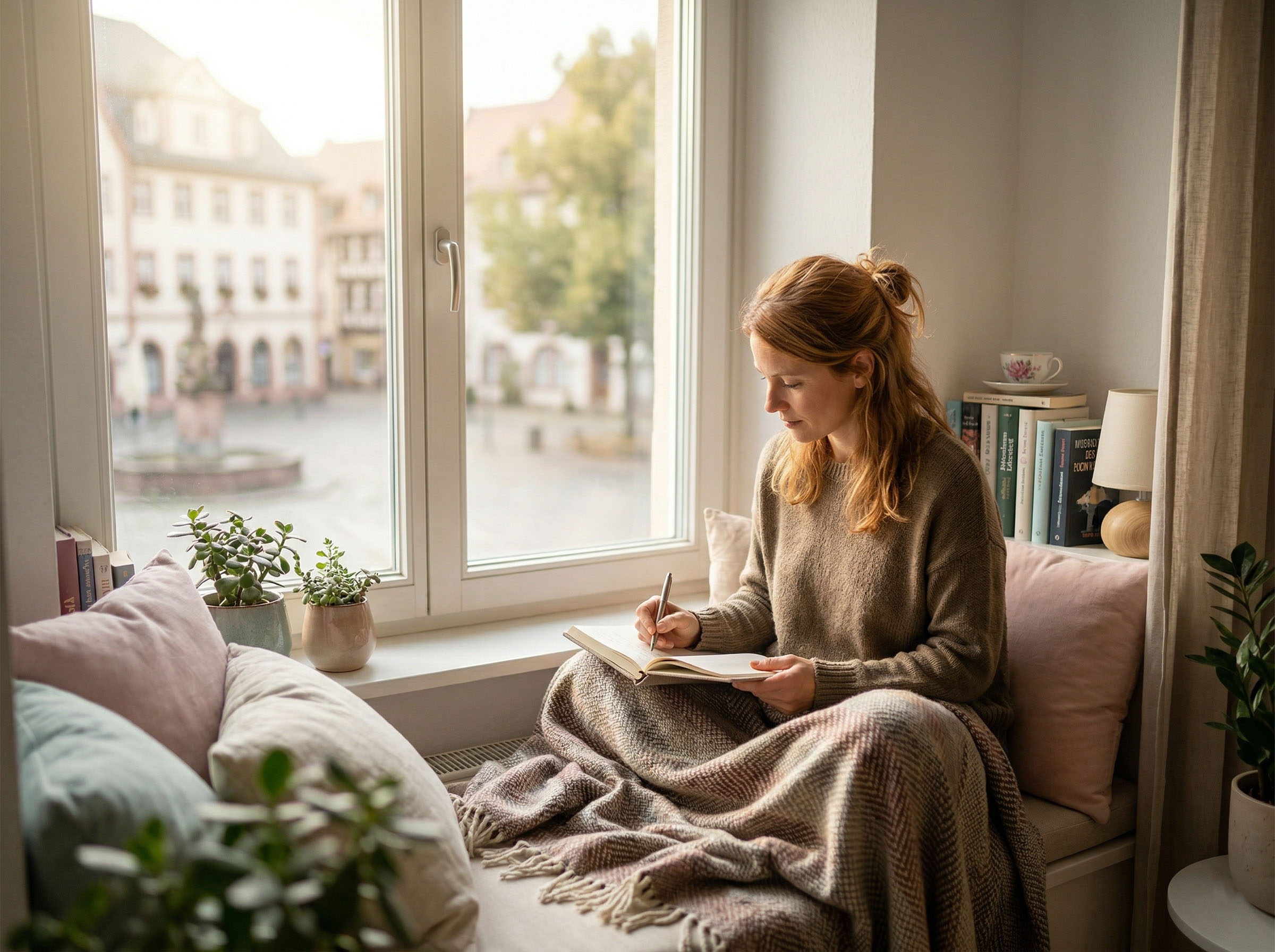 Eine Frau sitzt am Fenster mit einem Tagebuch und reflektiert nachdenklich über ihre Emotionen und Kommunikation