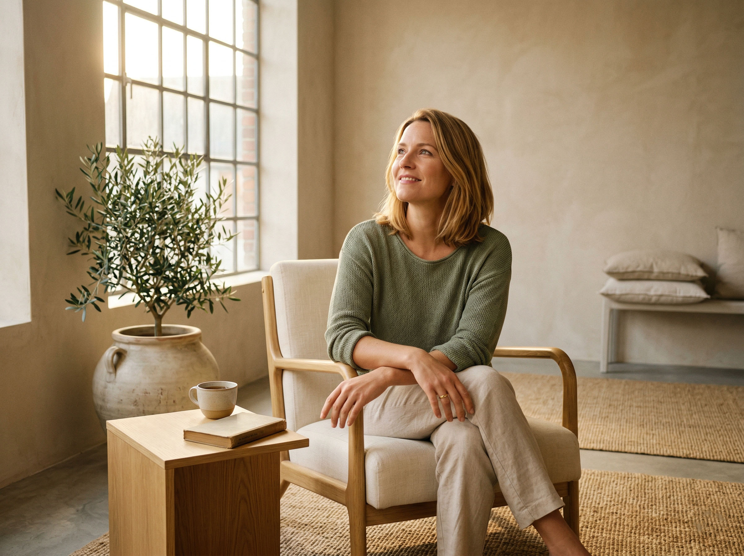 Eine Frau, die ruhig in einem sonnendurchfluteten Raum sitzt, ruhig und selbstbewusst wirkt – symbolisch für Selbstbewusstsein und Körperwissen