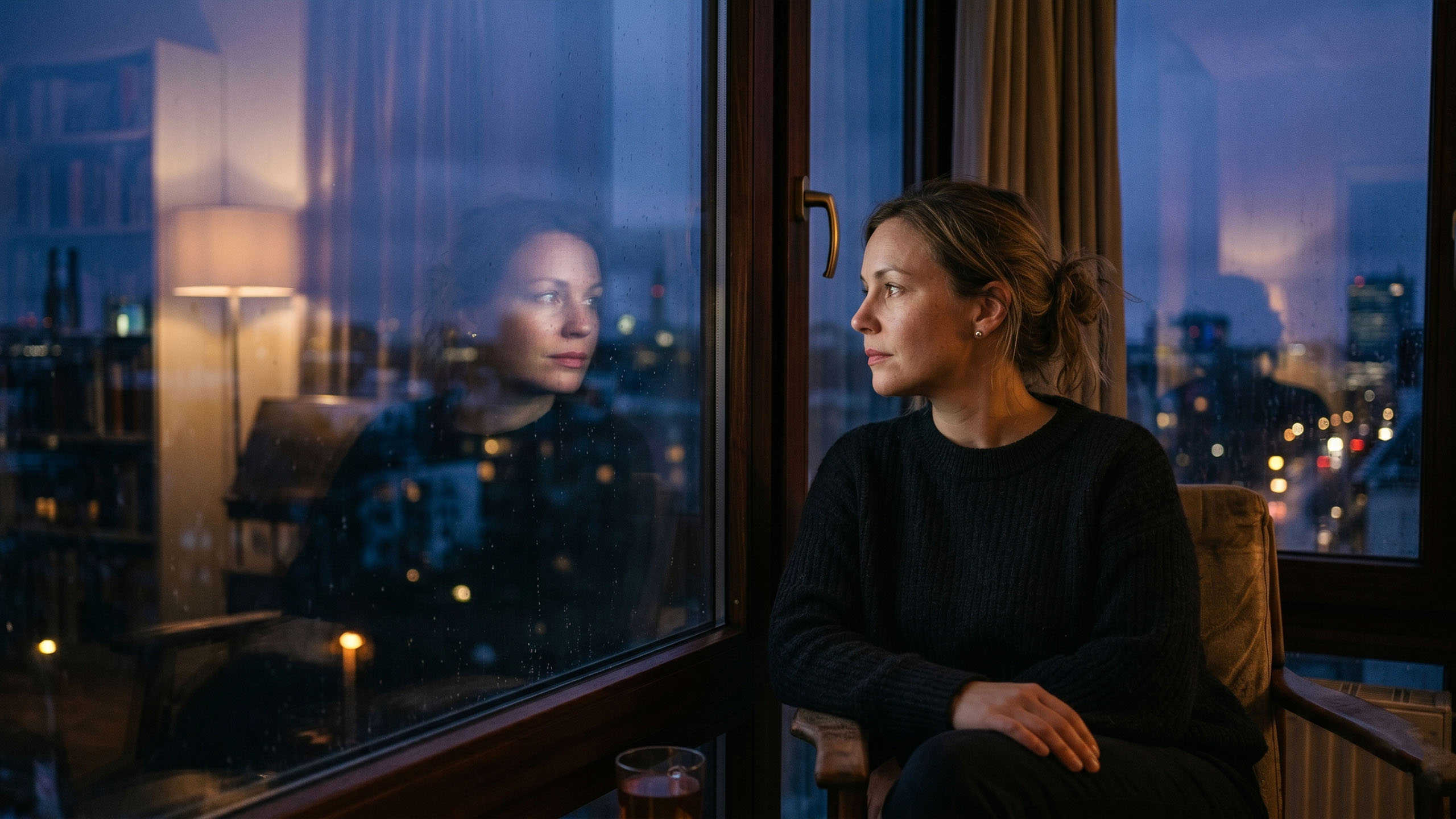 Eine nachdenkliche Frau blickt zum Horizont und symbolisiert Klarheit und Selbstbewusstsein in Bezug auf persönliche Sicherheit.