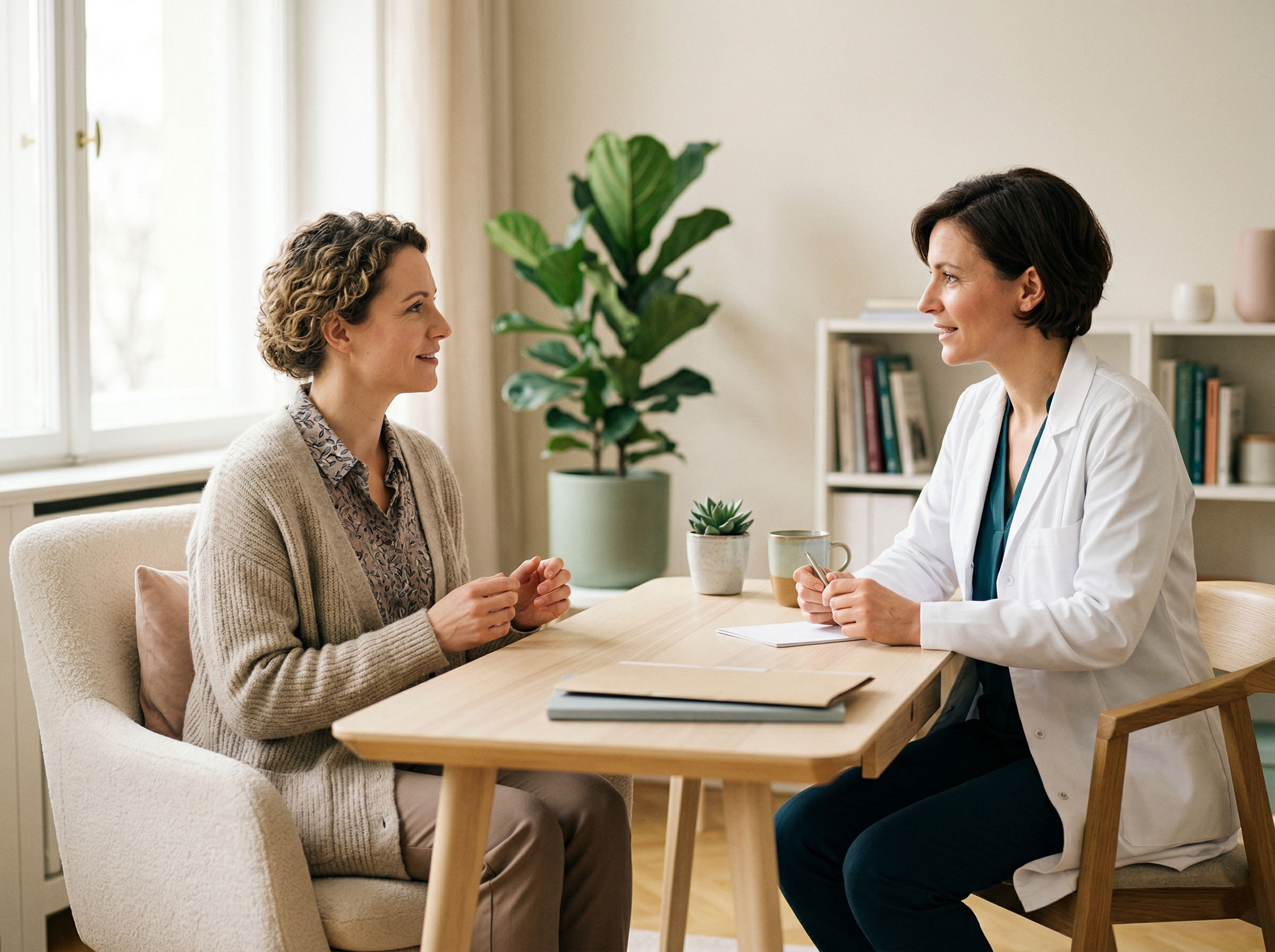 Frau in einem ruhigen medizinischen Beratungsgespräch mit einer Gynäkologin