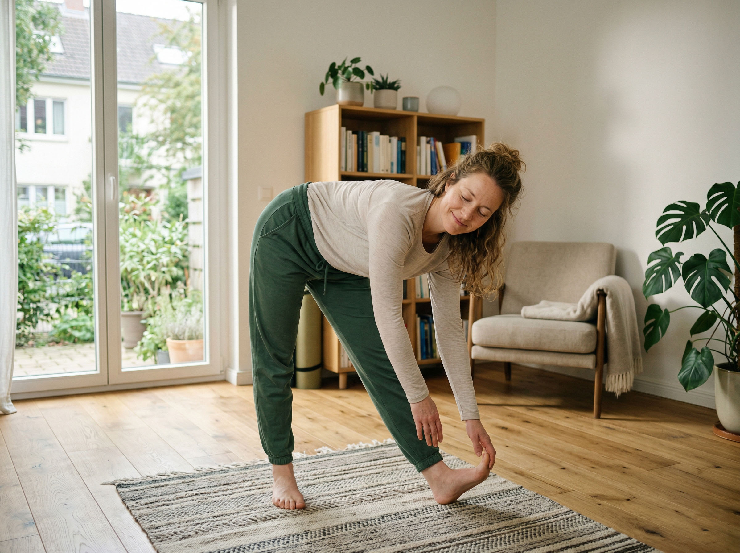 Eine Frau, die sich friedlich in einem ruhigen Raum dehnt