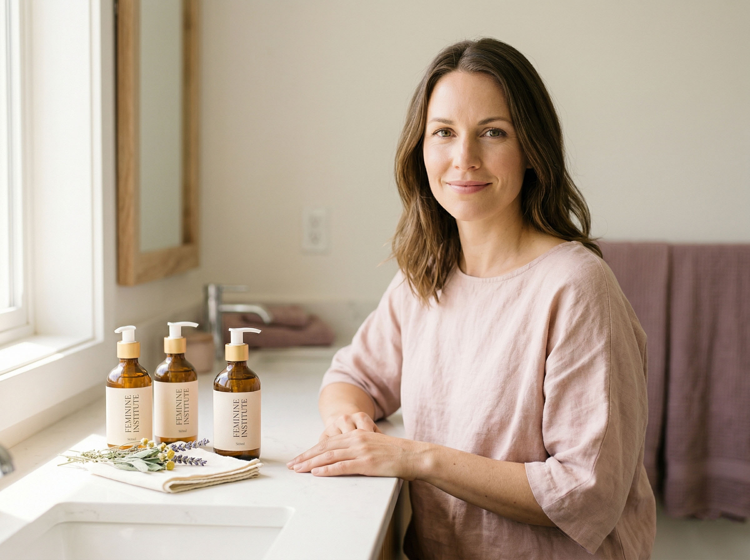 Frau in einem hellen Badezimmer, die Hautpflege- und Hygieneprodukte an einem Waschtisch überprüft