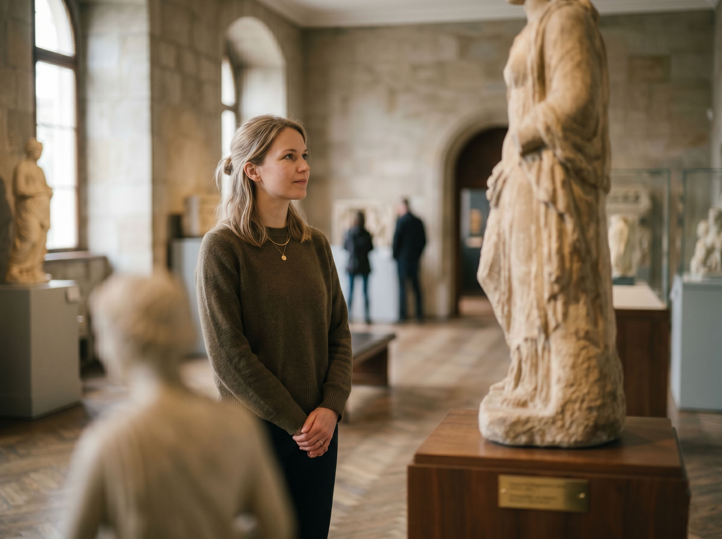 Moderne Frau, die neben einer antiken Steinskulptur einer Göttin in einem Museum nachdenkt