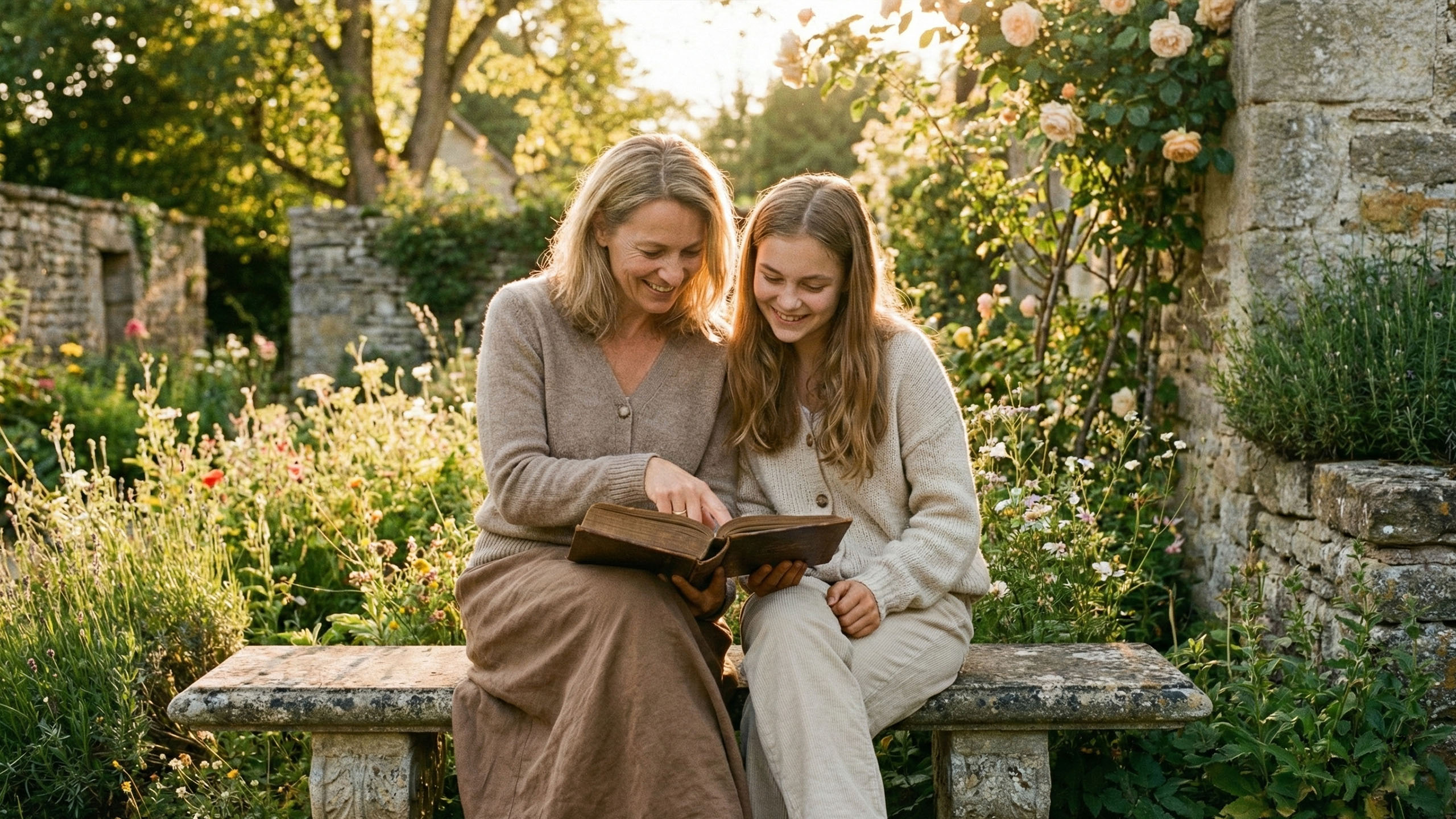 Eine Mutter, die ihrer Tochter in ruhiger Umgebung traditionelle Werte vermittelt.