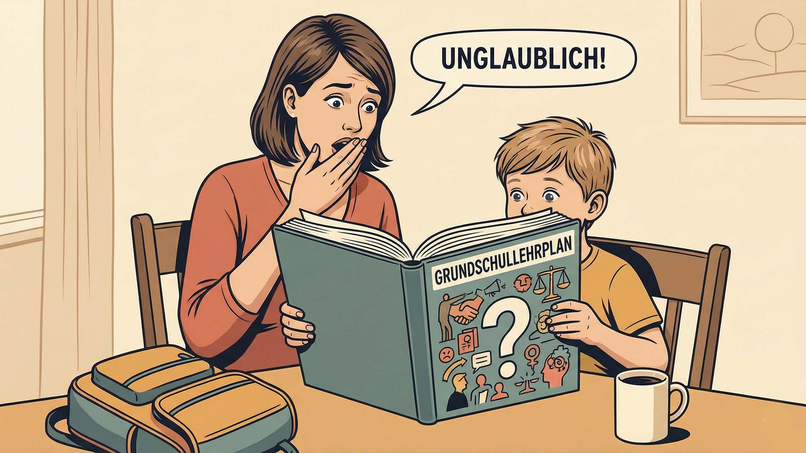 Eine Mutter und ein Kind pr&uuml;fen gemeinsam Lehrmaterialien in einer h&auml;uslichen Umgebung.