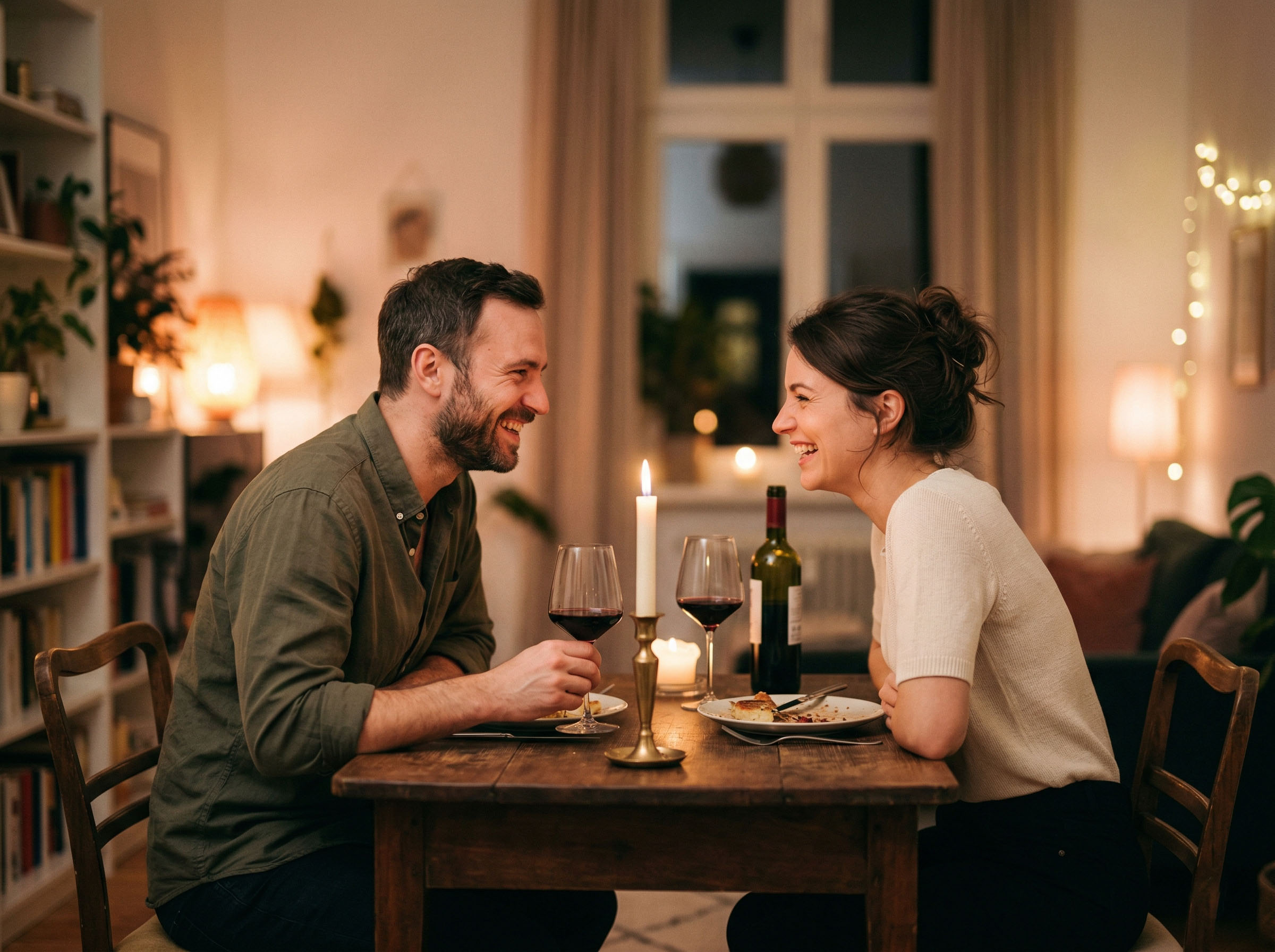 Ein Paar teilt einen ruhigen Abend bei Kerzenschein, die Gesichter einander in warmem Gespräch zugewandt