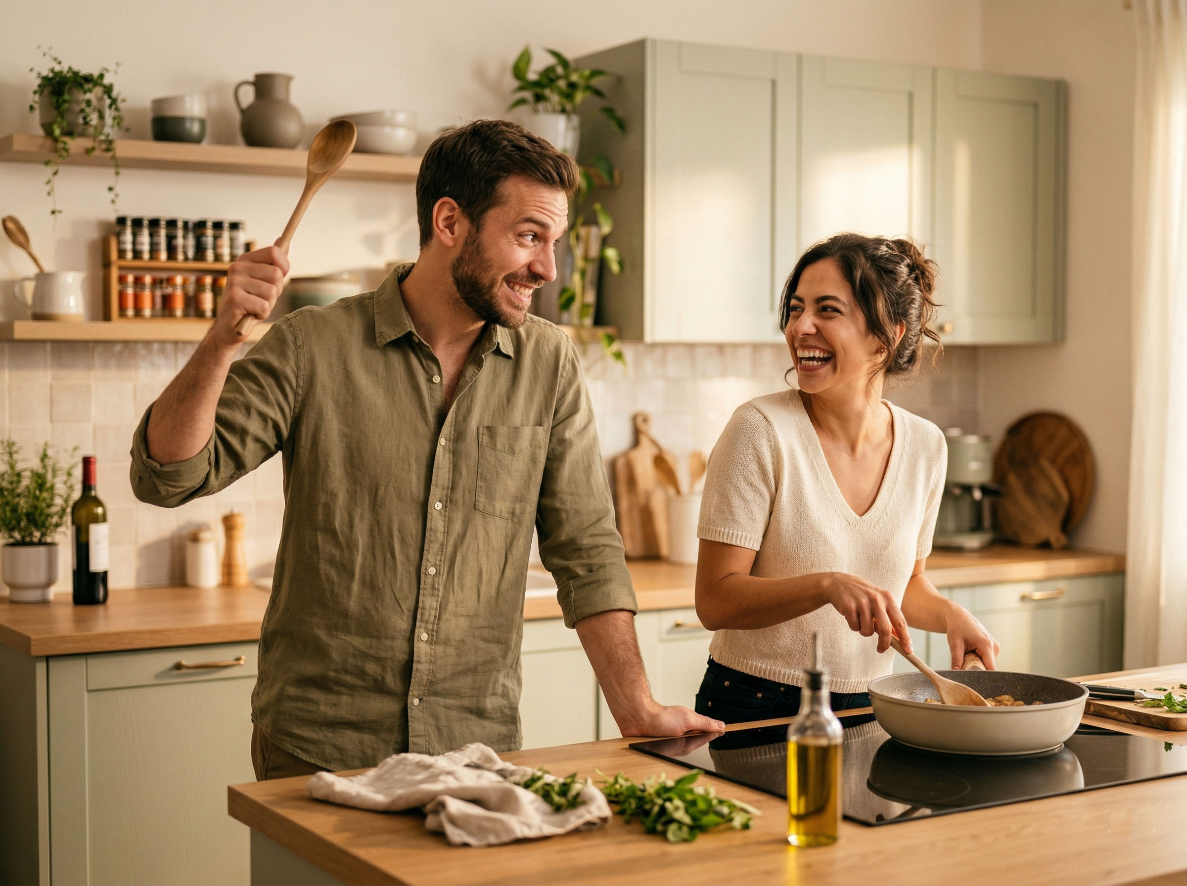 Ein Paar lacht gemeinsam beim Kochen, Ausdruck von Wärme und spielerischer Intimität zu Hause