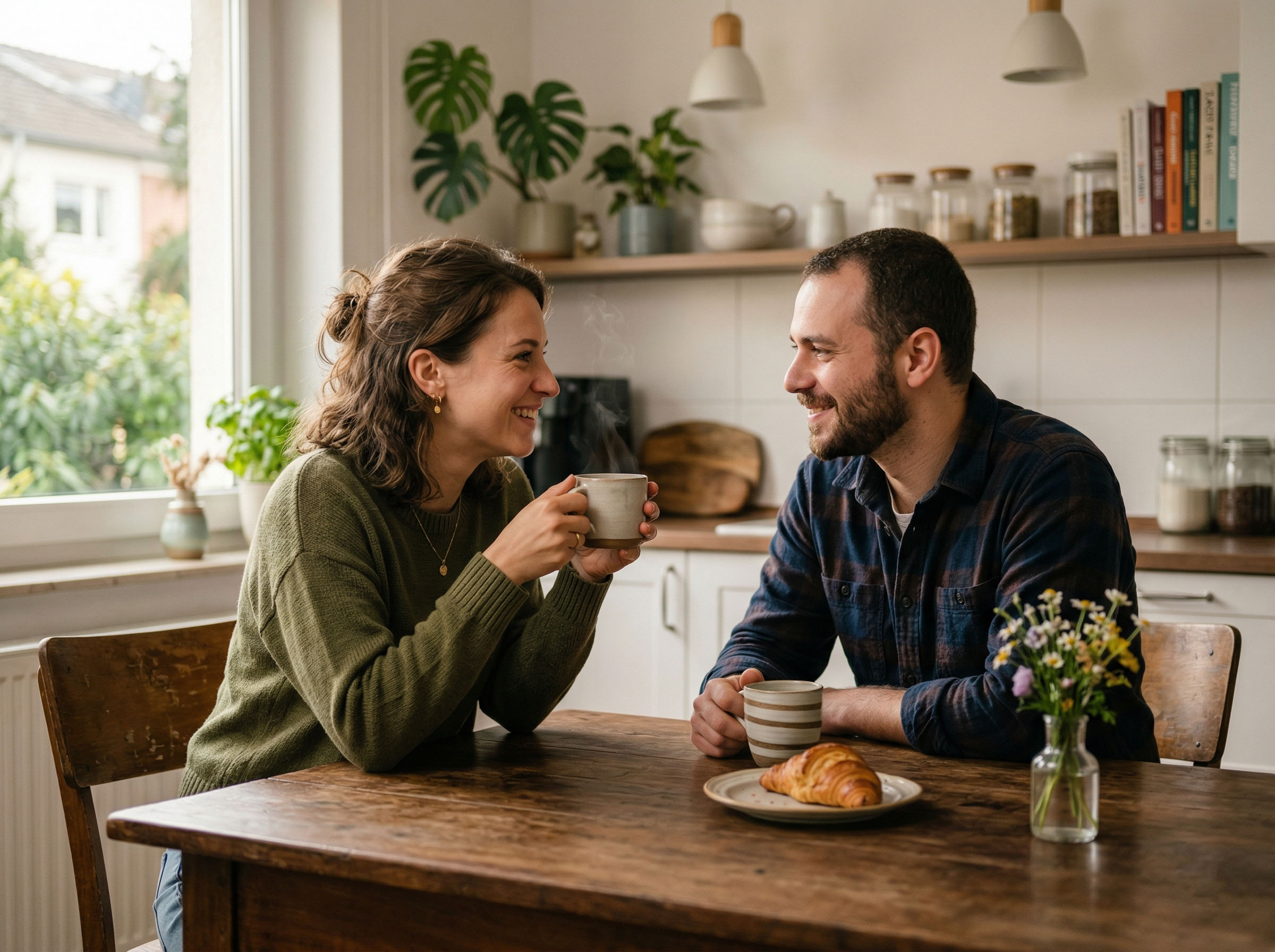 Eine Frau und ein Mann sitzen sich an einem Küchentisch gegenüber und führen ein ruhiges, offenes Gespräch bei Kaffee