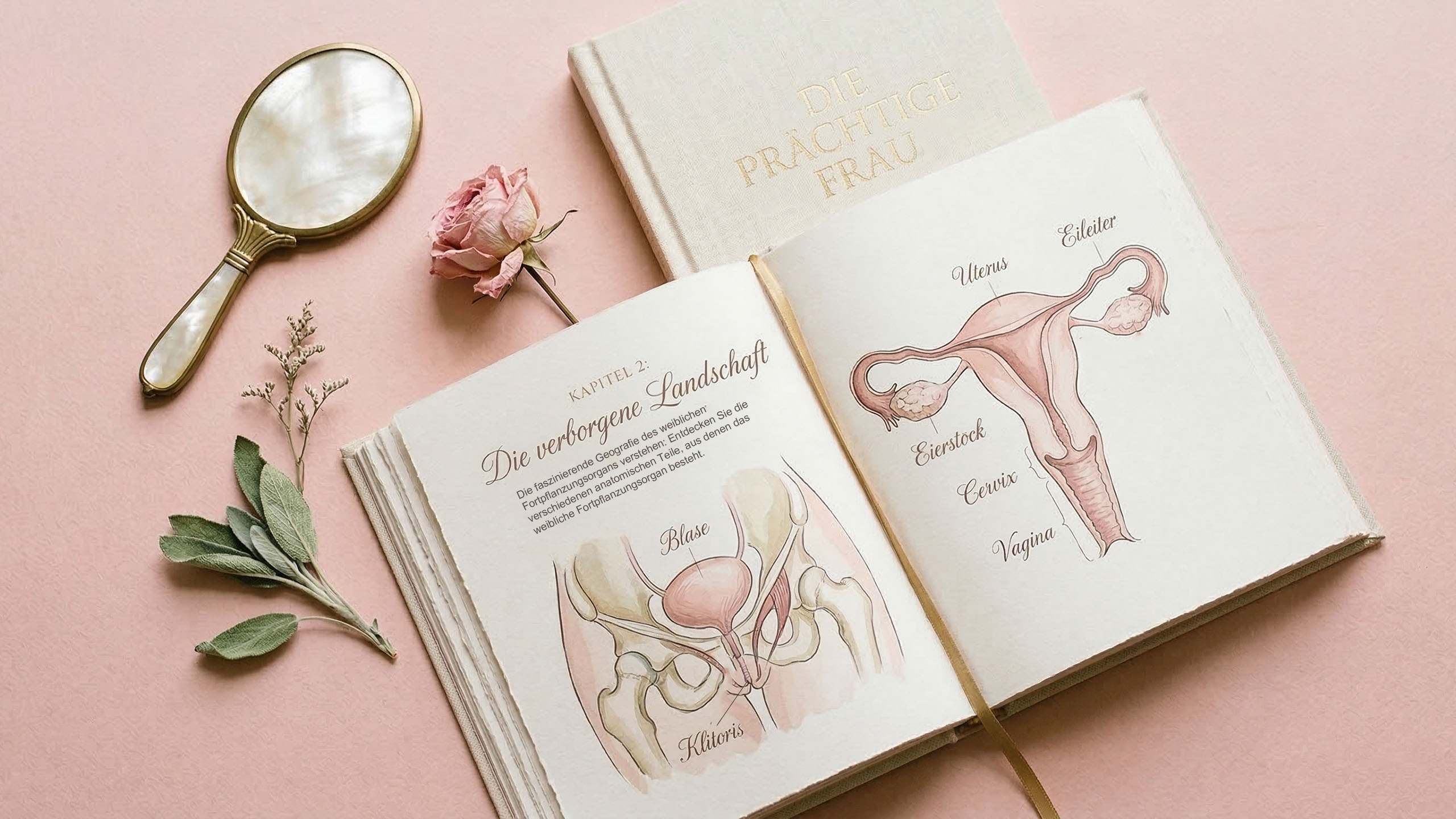Illustriertes Anatomie-Nachschlagebuch, geöffnet und von sanften botanischen Elementen umgeben, auf rosafarbenem Hintergrund — ein Symbol für zugängliche Gesundheitsbildung für Frauen.