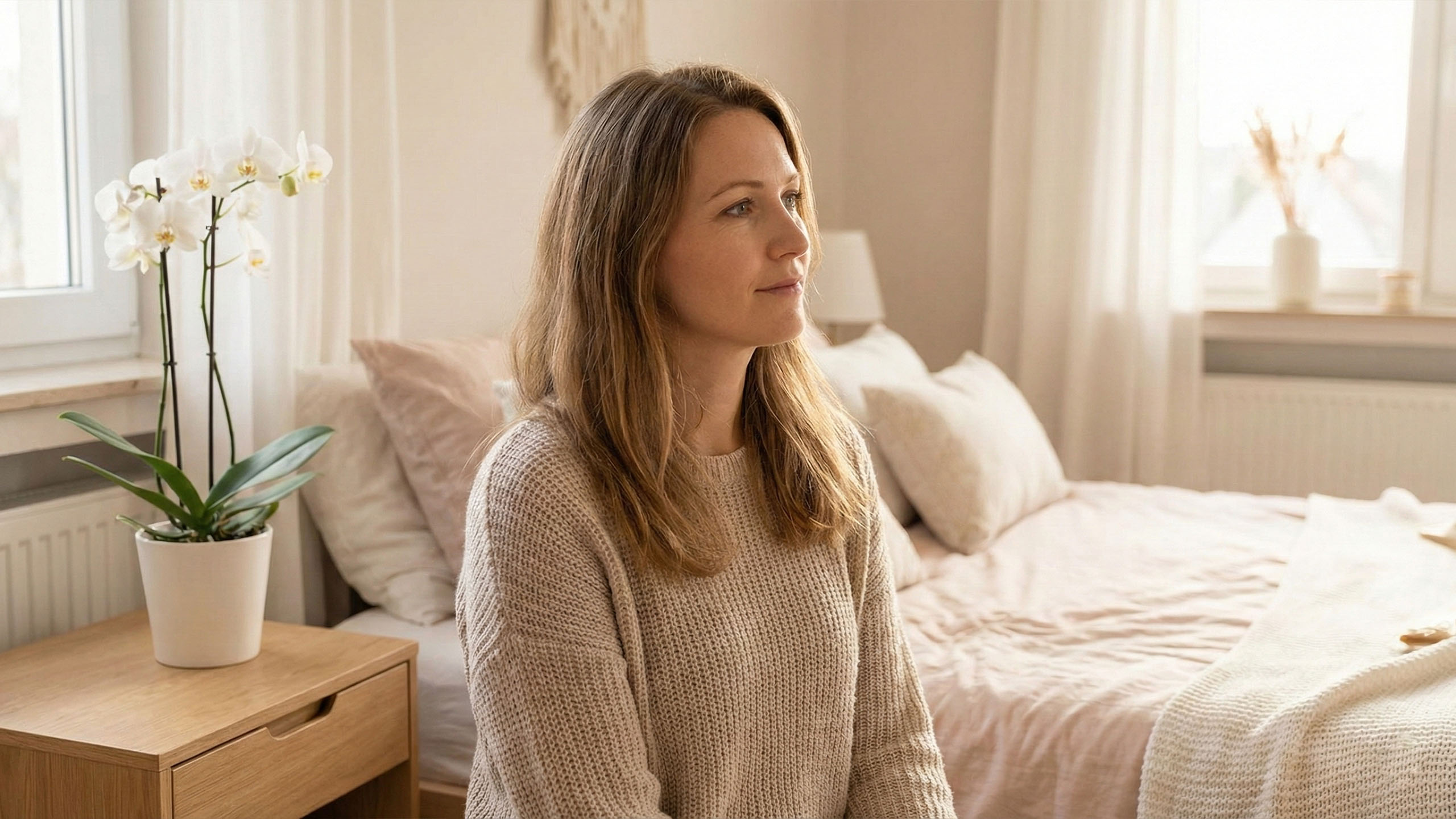 Eine ruhige Frau in einem sanft beleuchteten Raum, Sinnbild weiblicher Empfänglichkeit und biologischer Harmonie.