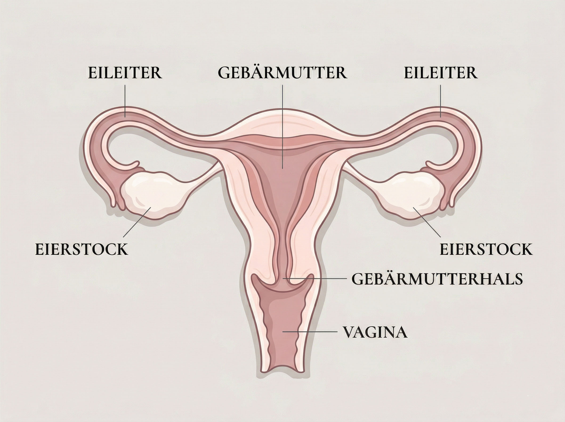 Eine sanft illustrierte Darstellung des inneren weiblichen Fortpflanzungssystems, einschließlich Gebärmutter, Eierstöcke, Eileiter, Muttermund und Vagina