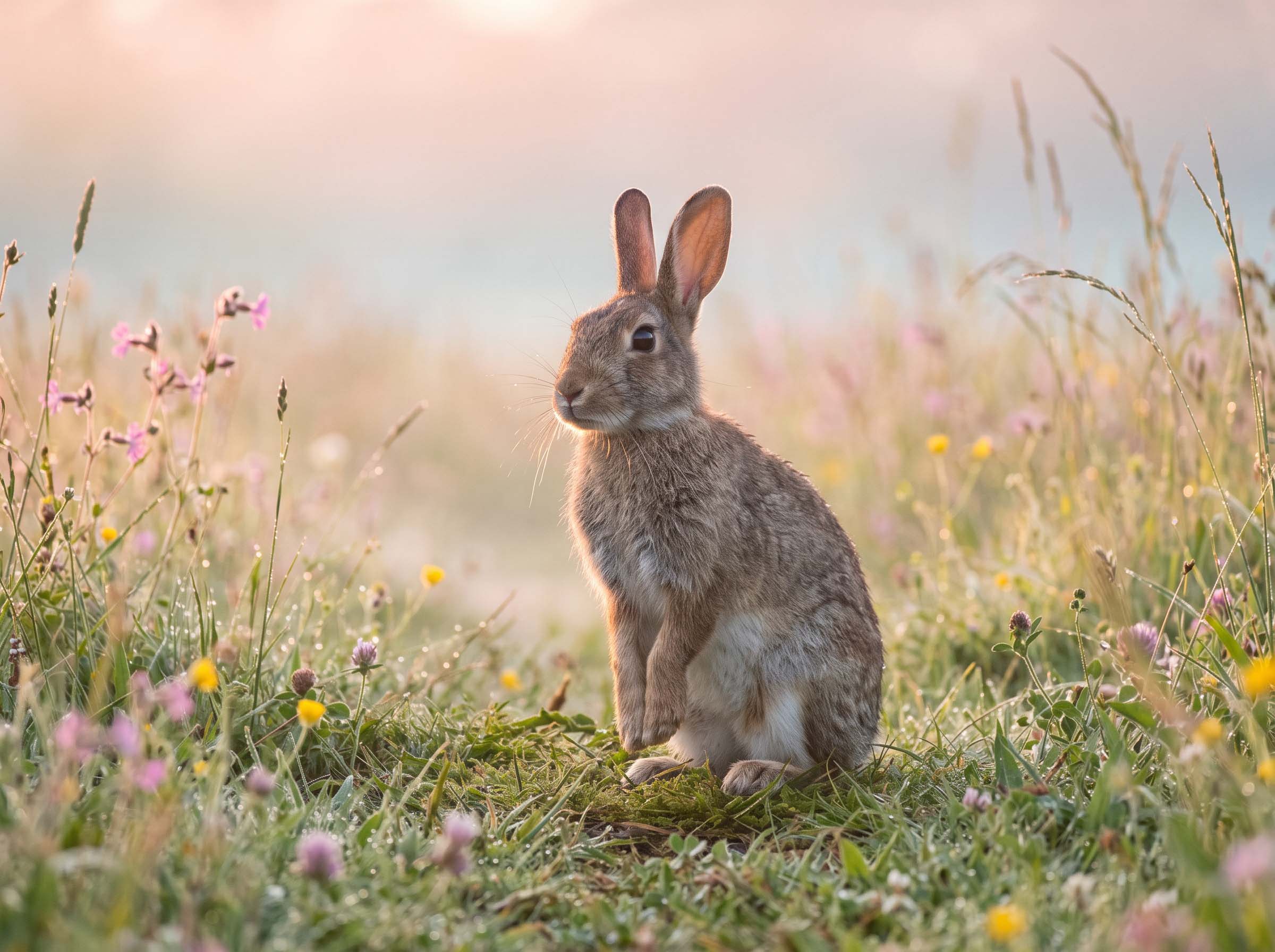 Wild doe rabbit sitting upright in a dewy meadow at dawn, an example of an induced ovulator