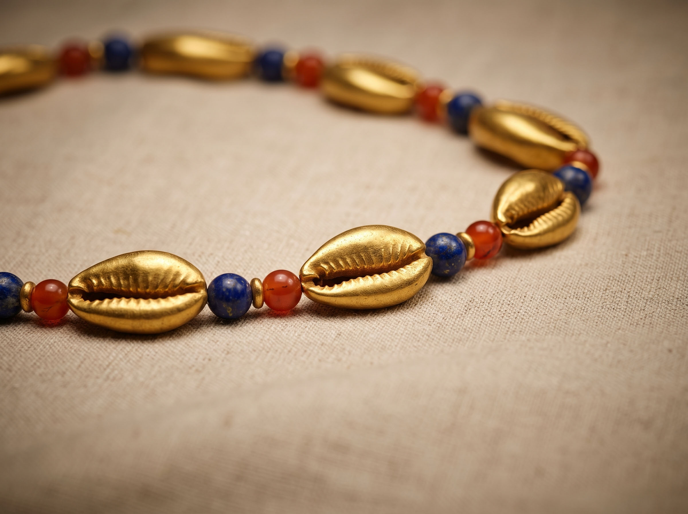 Golden cowrie-shell girdle of ancient Egypt arranged on linen, a symbol of fertility and protection