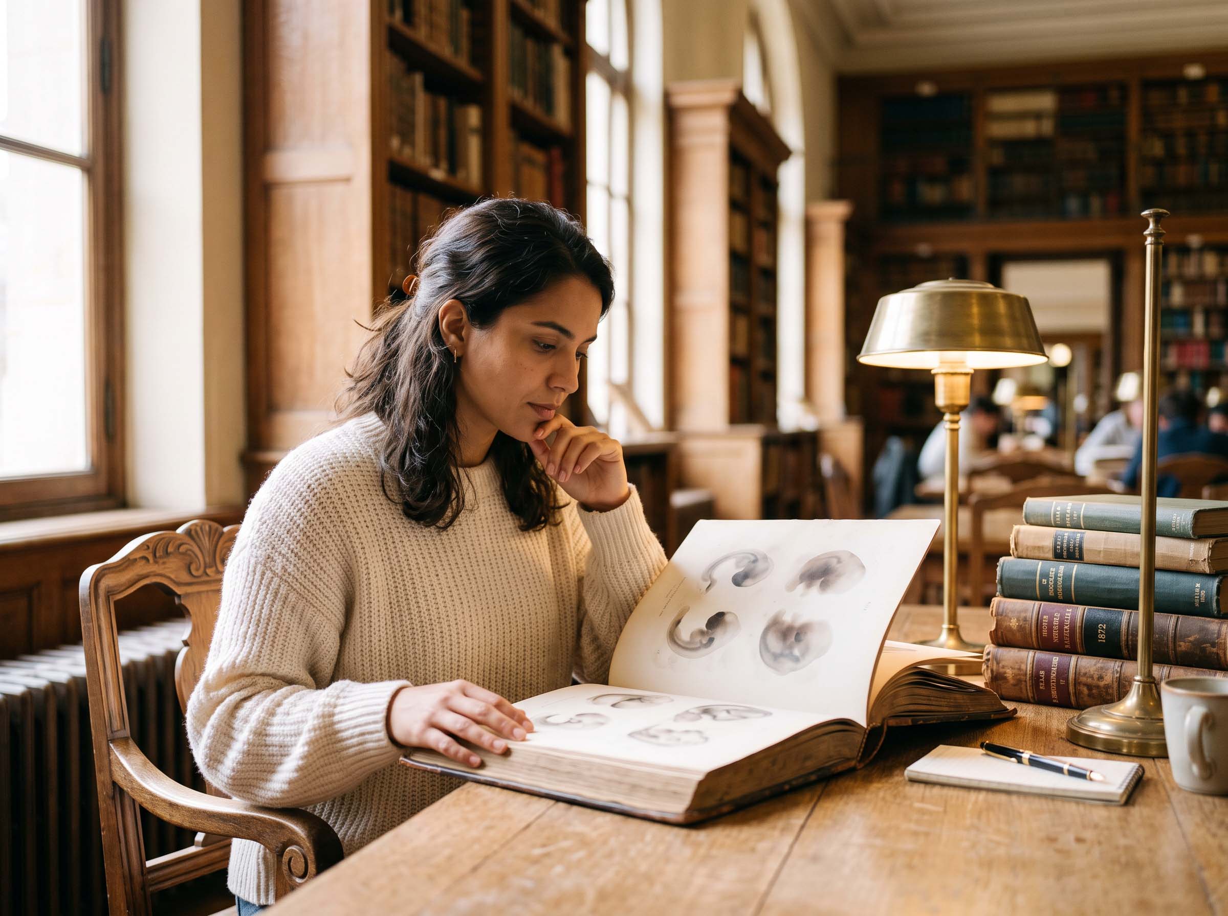 Woman studying a nineteenth-century embryology atlas showing shared genital development at a sunlit library table