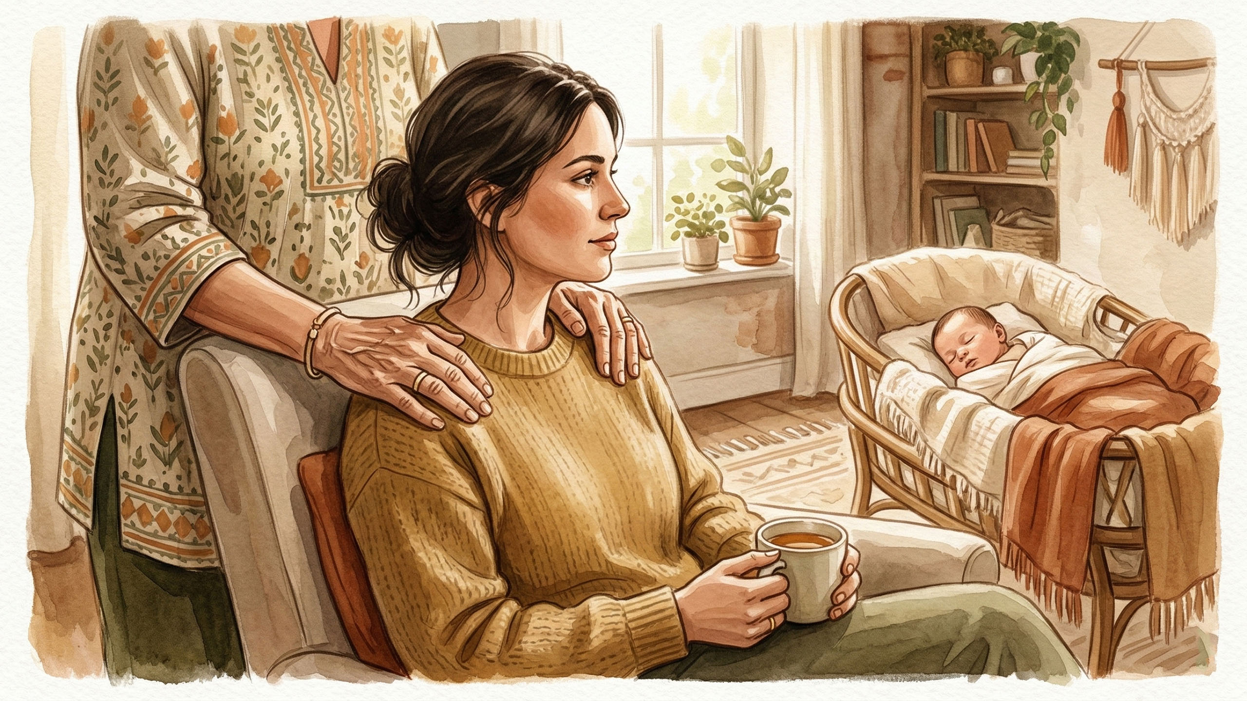 A grandmother supporting a new mother and her infant in a warm home setting.