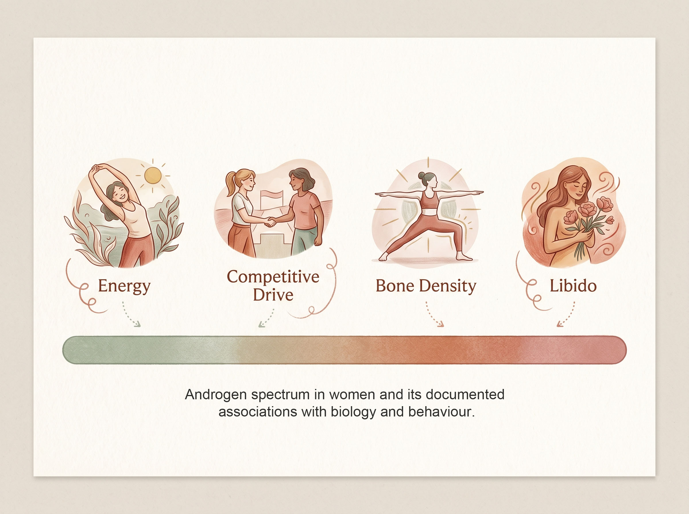 Illustrated editorial diagram showing the androgen spectrum in women and its documented associations with biology and behaviour