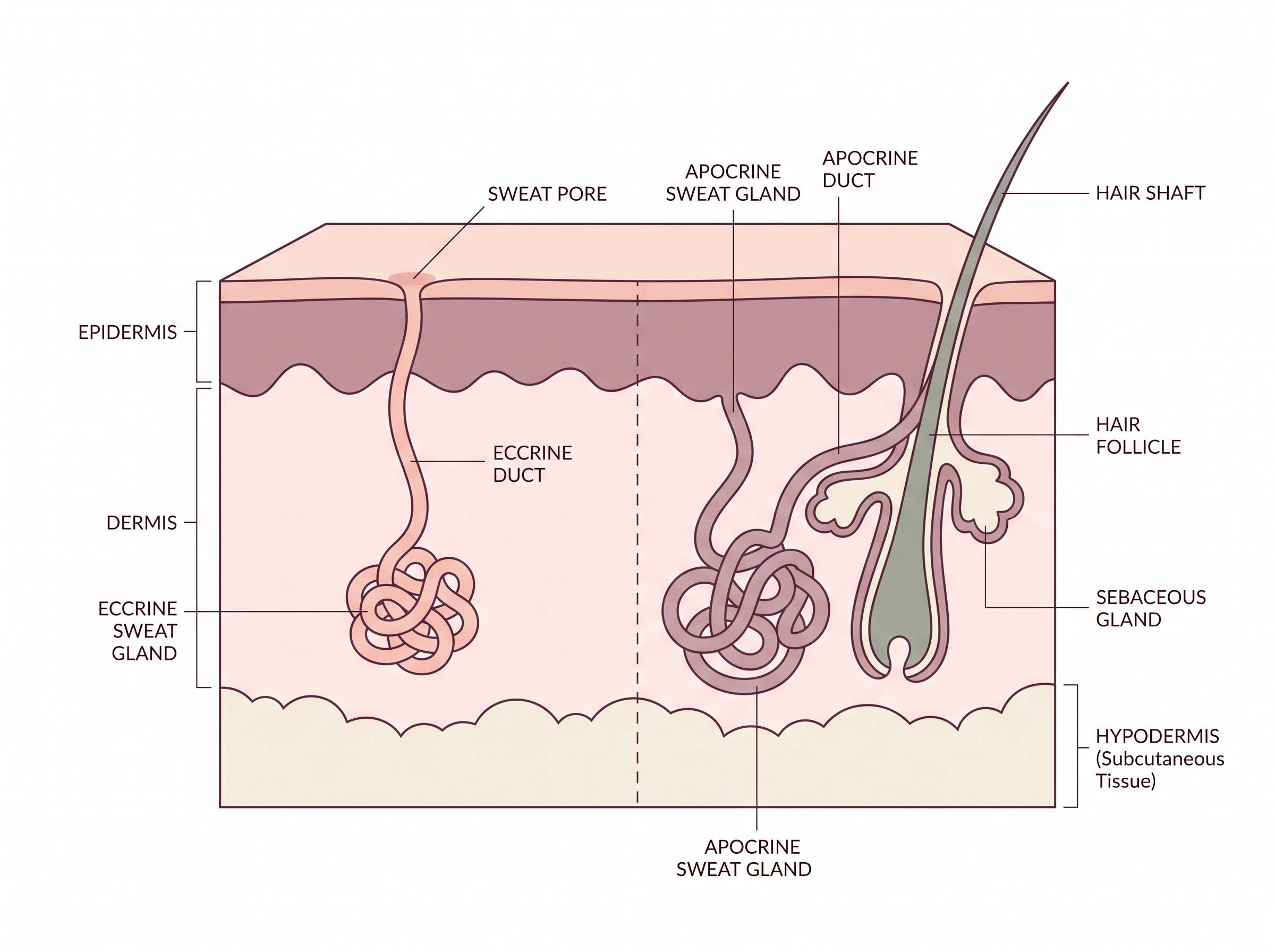 Diagram comparing an eccrine sweat gland opening onto the skin surface with an apocrine gland emptying into a hair follicle