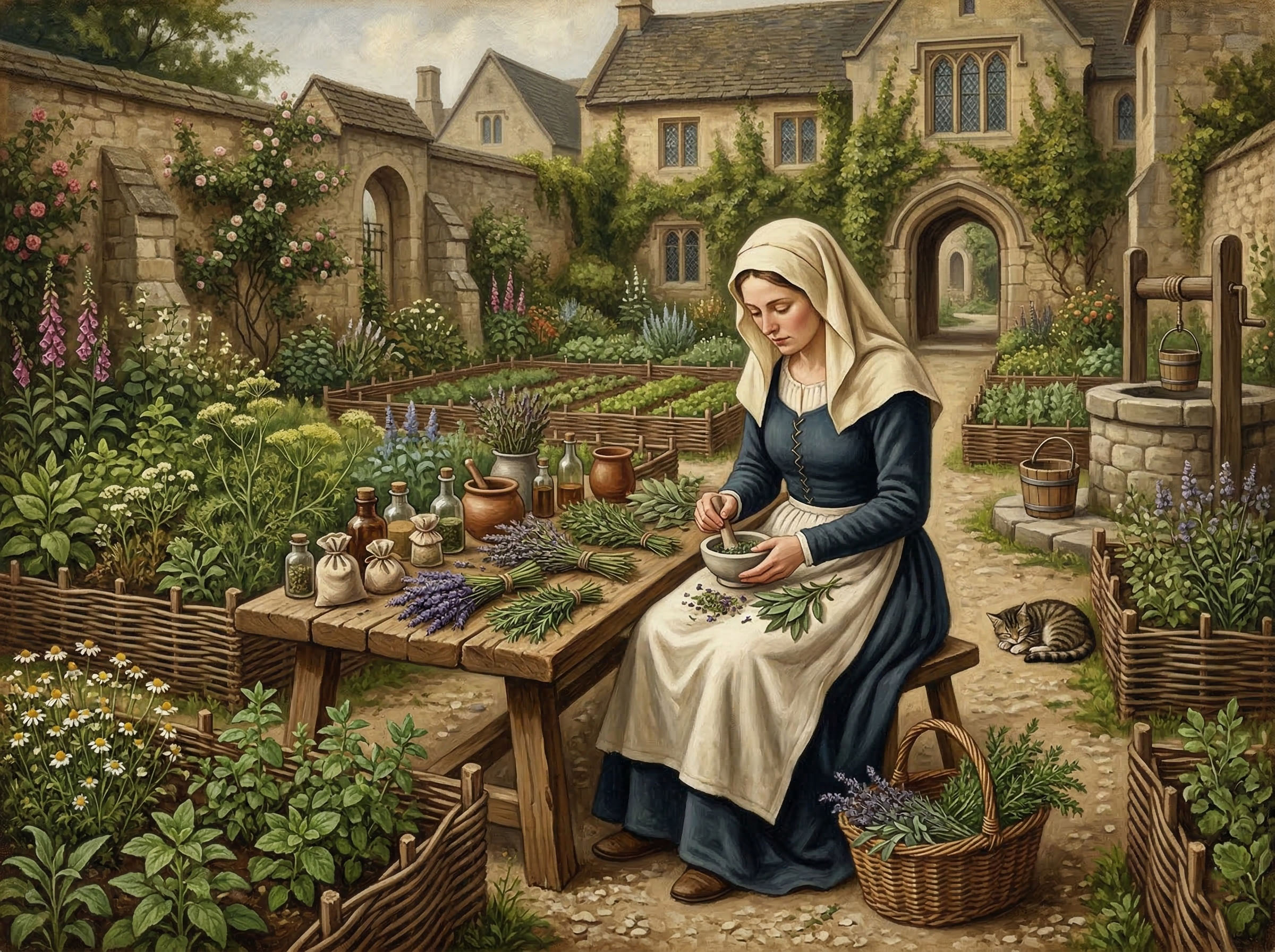 Medieval herbalist preparing botanical remedies for women's      health, representing centuries of traditional knowledge