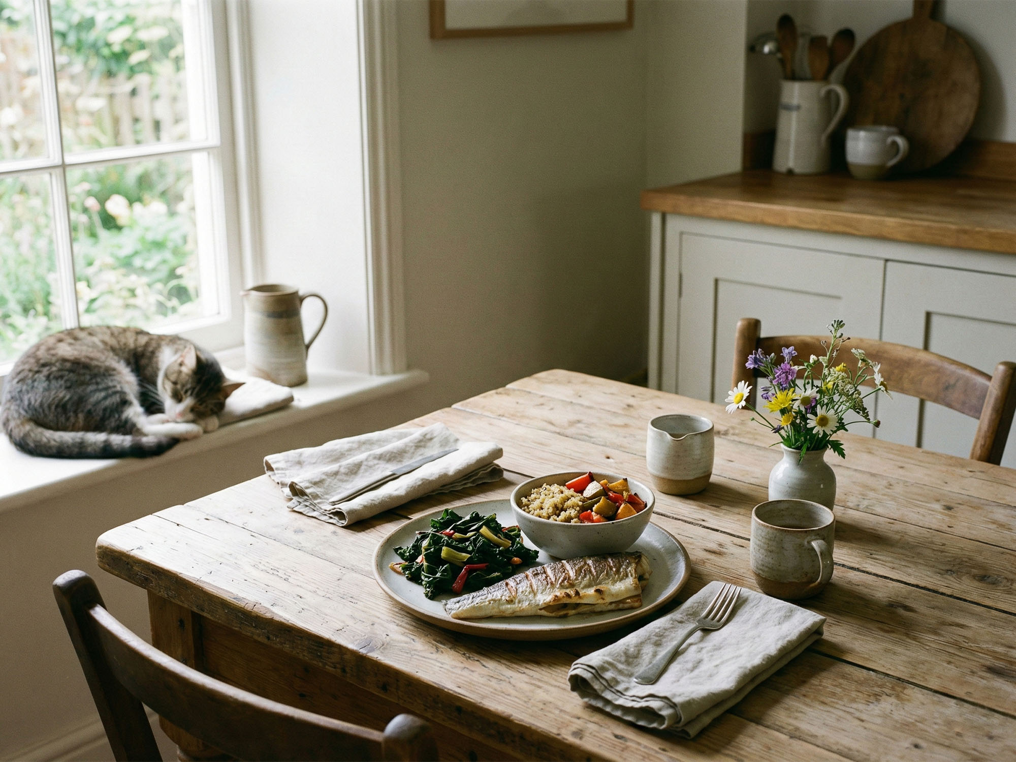 Eine ausgewogene Mahlzeit mit vollwertigen Lebensmitteln zur Unterstützung der weiblichen Hormongesundheit.