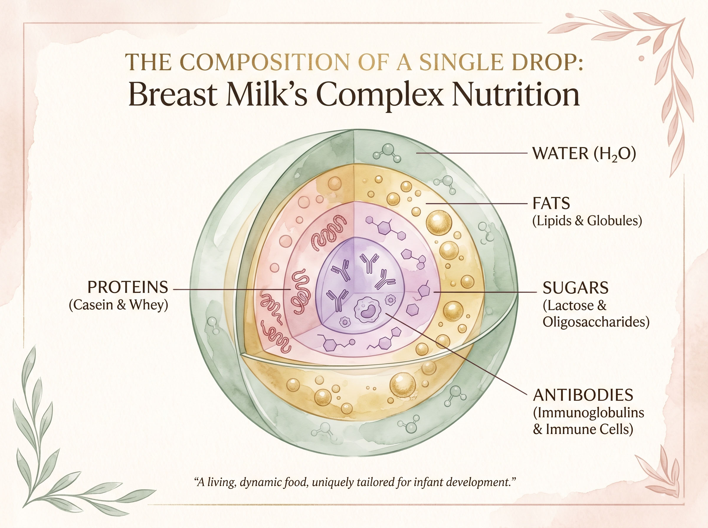 Scientific illustration showing the layered composition of human breast milk — fats, proteins, antibodies, and sugars visualized in warm feminine tones