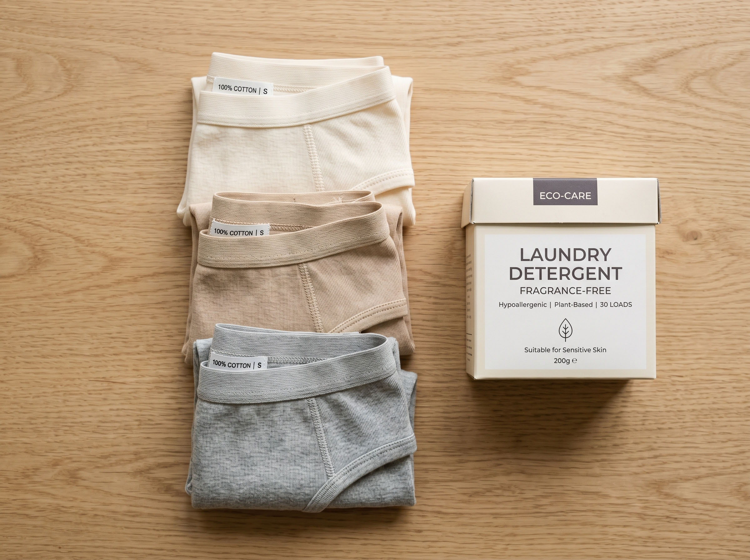 Neatly folded cotton underwear in soft neutral tones representing breathable fabric choices for vaginal health