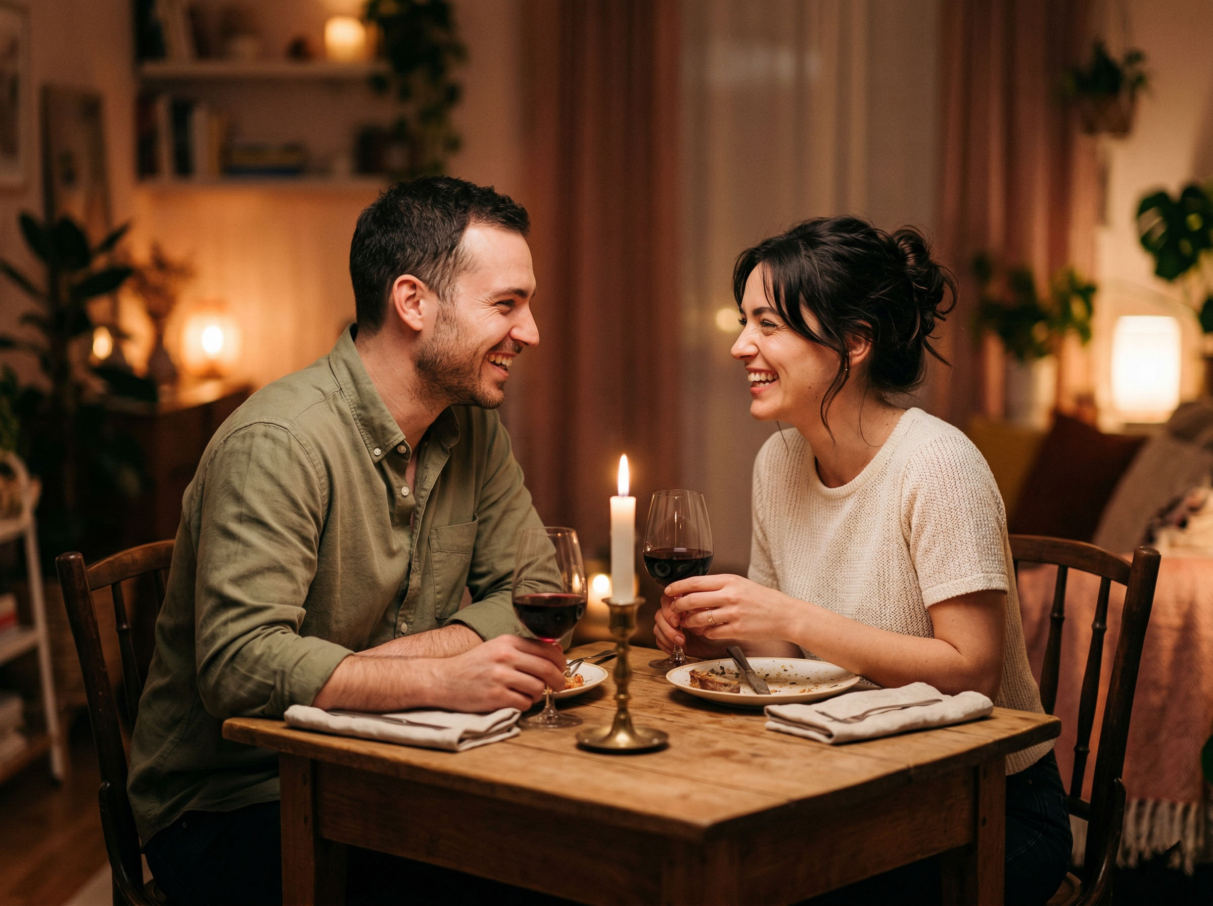 A couple sharing a quiet, candlelit evening together, faces turned toward each other in warm conversation