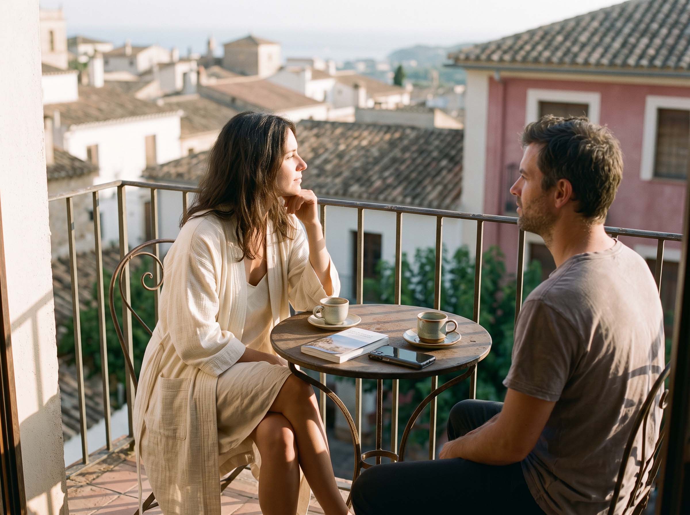 Married couple sitting quietly with coffee on a sunlit hotel balcony on an unscheduled holiday morning