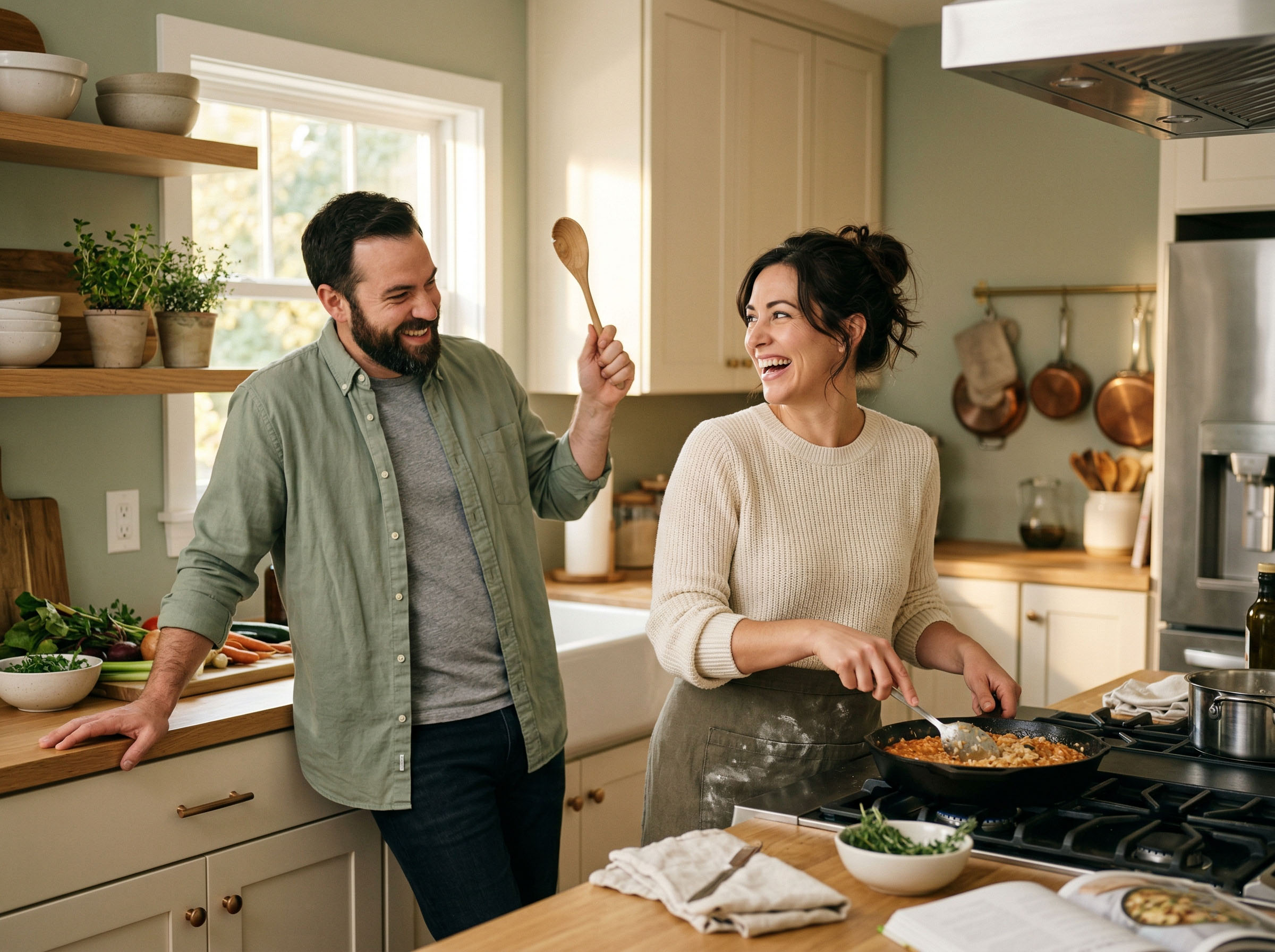A couple laughing together while cooking a meal, capturing warmth and playful intimacy at home
