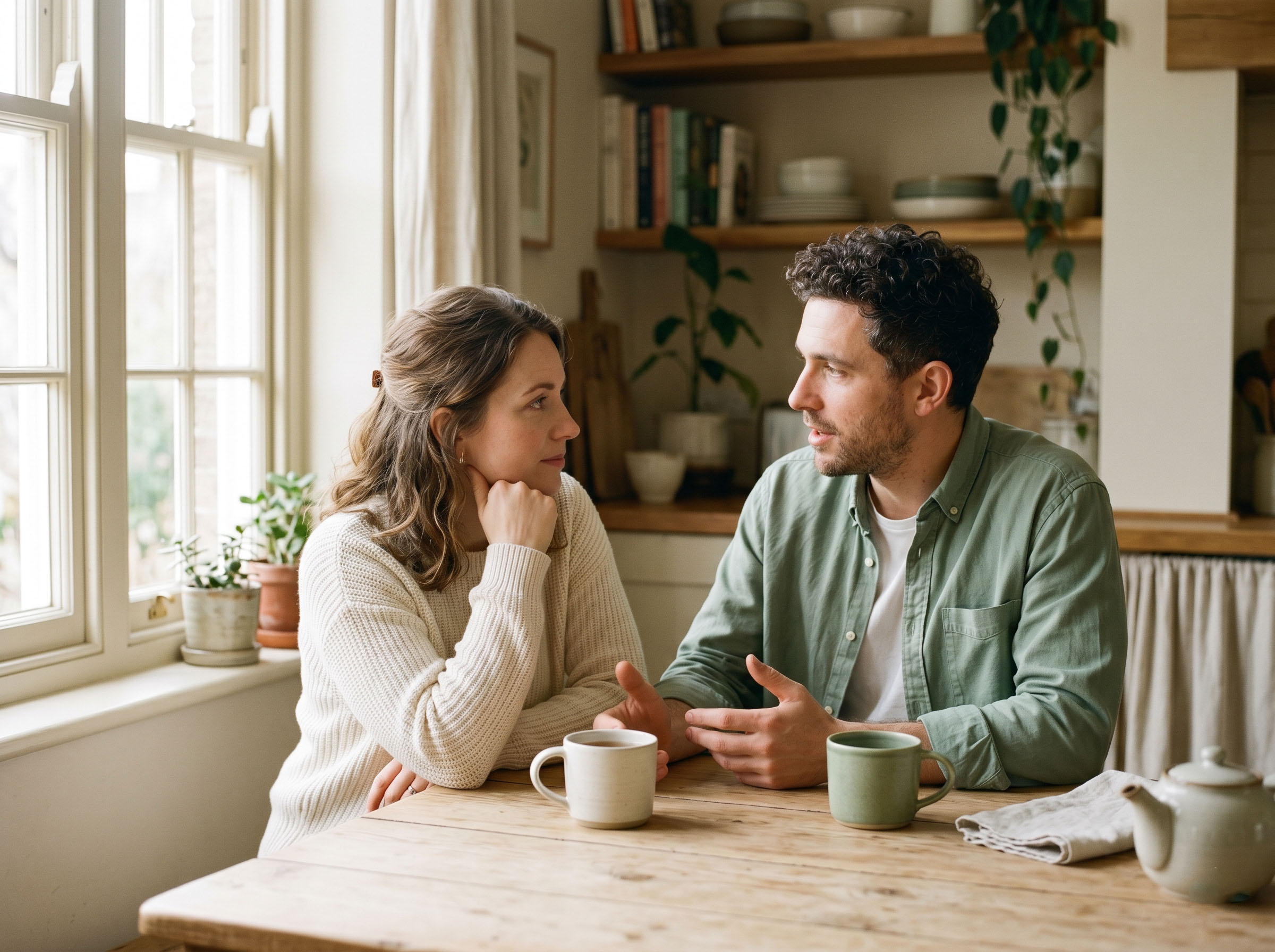 A couple sitting together at a kitchen table having a calm, honest conversation about their relationship