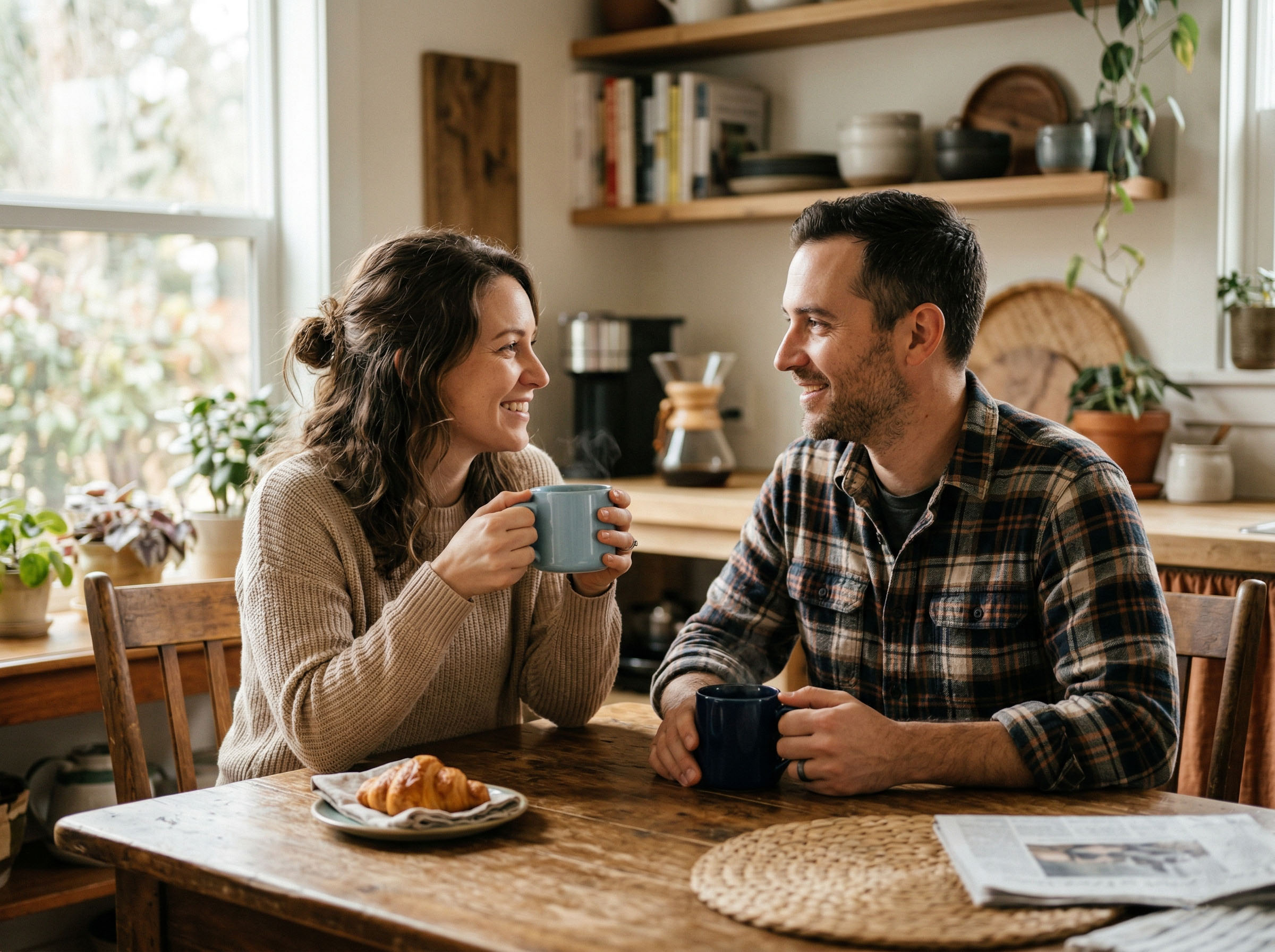 A woman and man sitting across from each other at a kitchen table, having a calm and open conversation over coffee