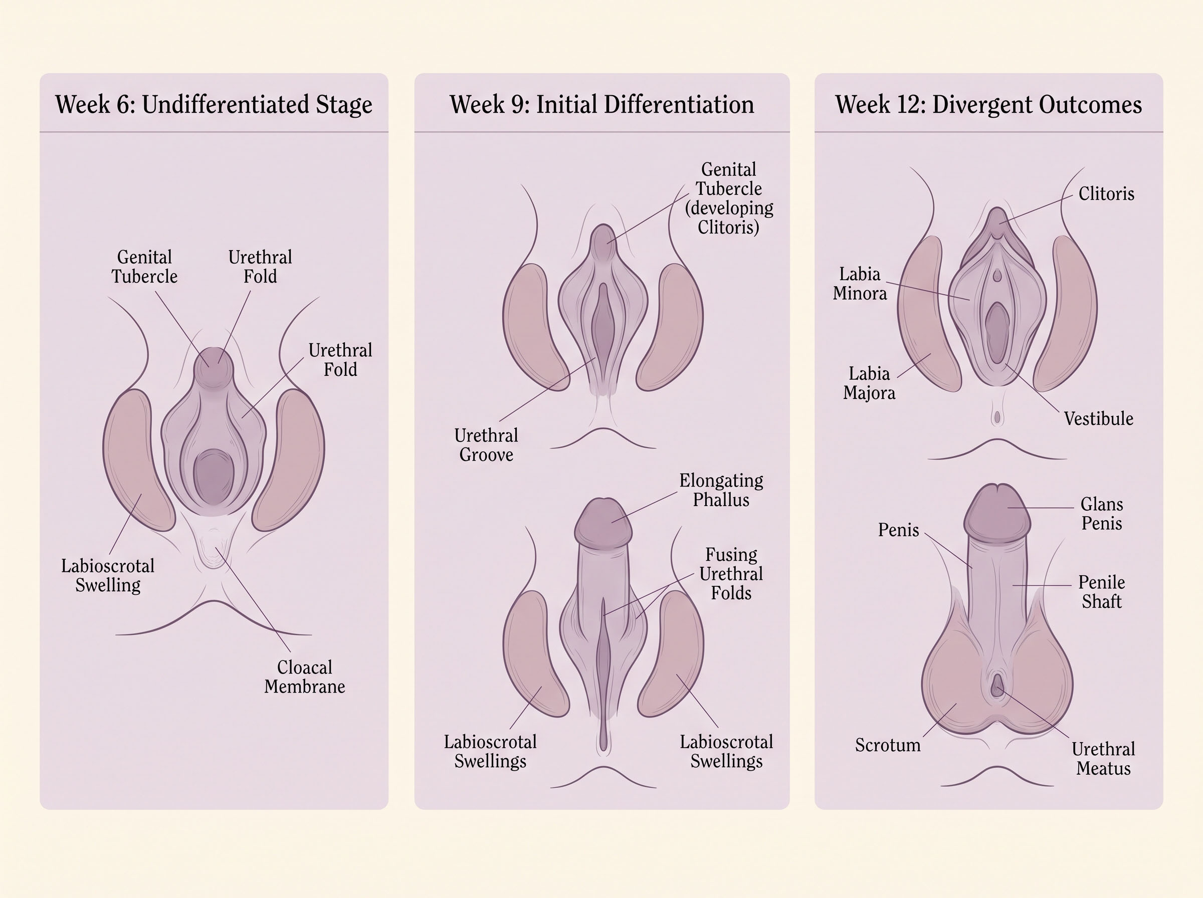 Illustration of embryonic genital development showing the genital tubercle differentiating along female and male pathways
