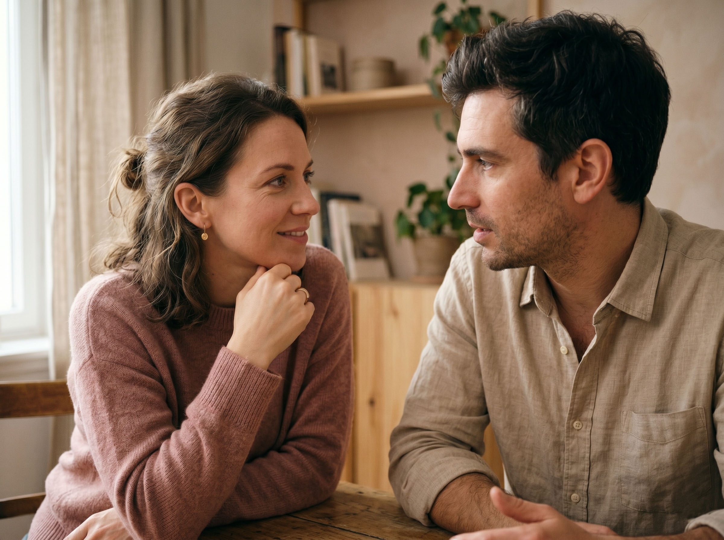 Woman listening intently to her partner, making warm eye contact during an intimate conversation