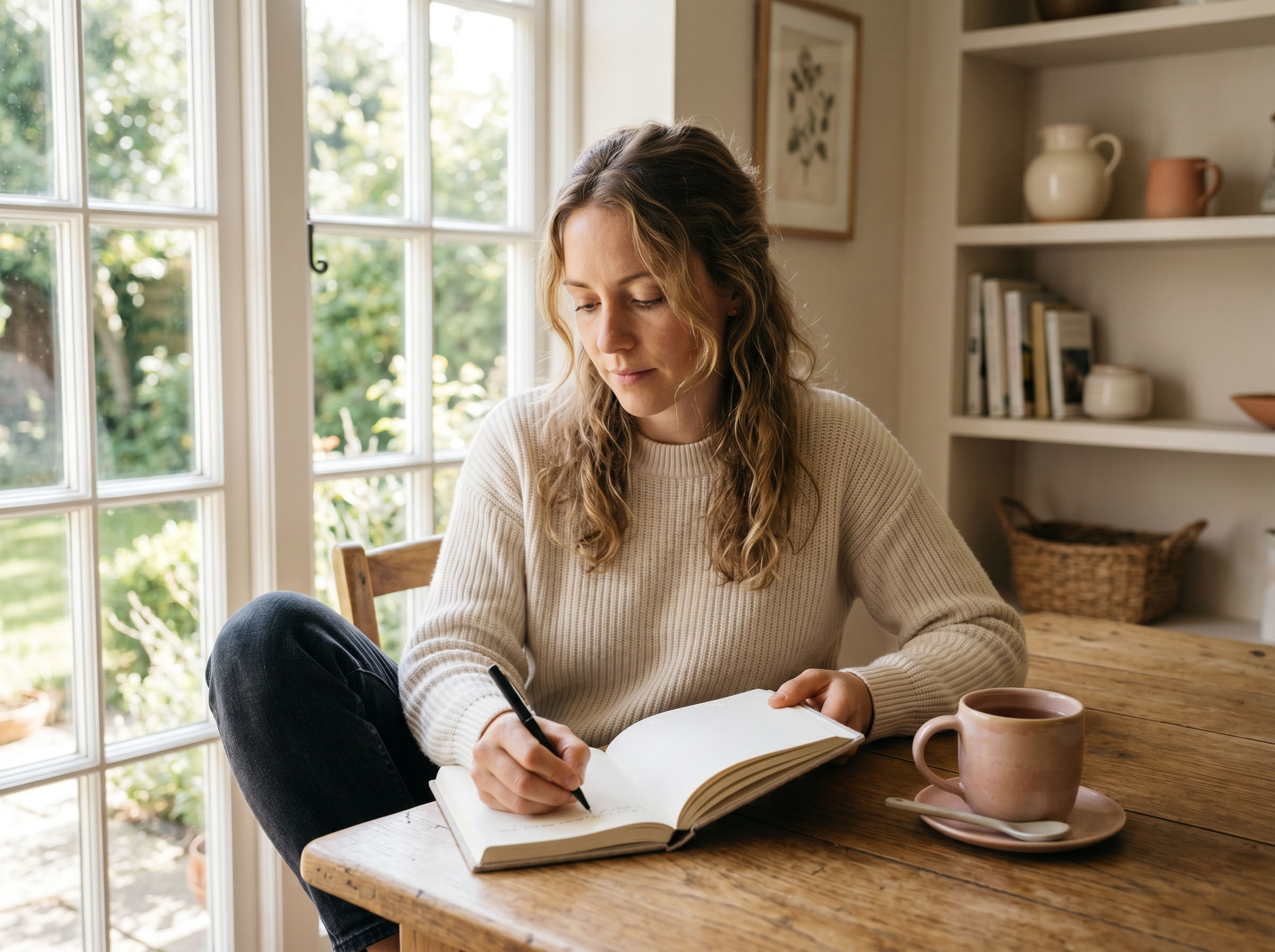 Woman writing in a journal at a sunlit table with a cup of tea nearby