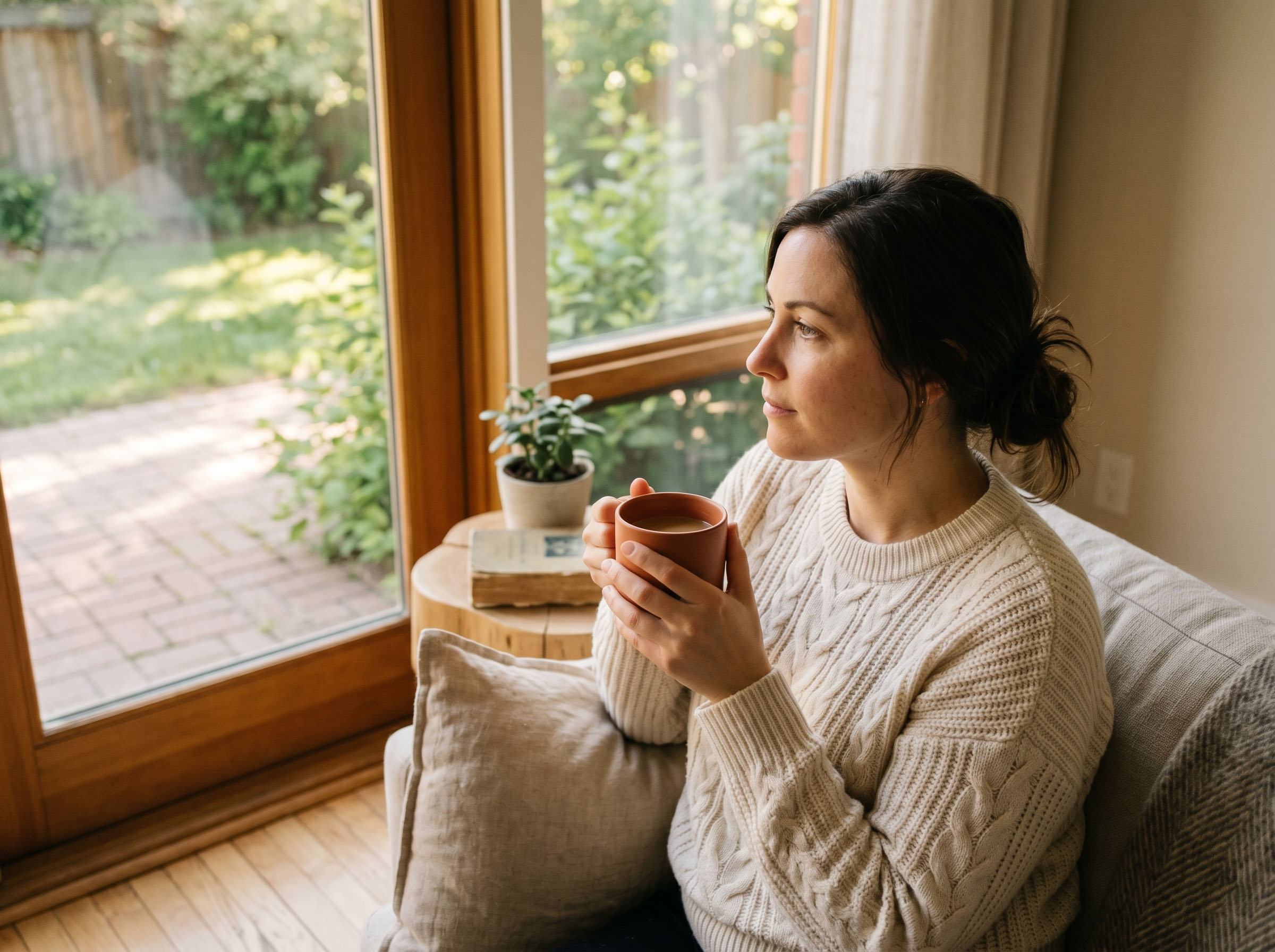 Woman sitting alone by a window with morning light, coffee in hand, looking peaceful and relaxed