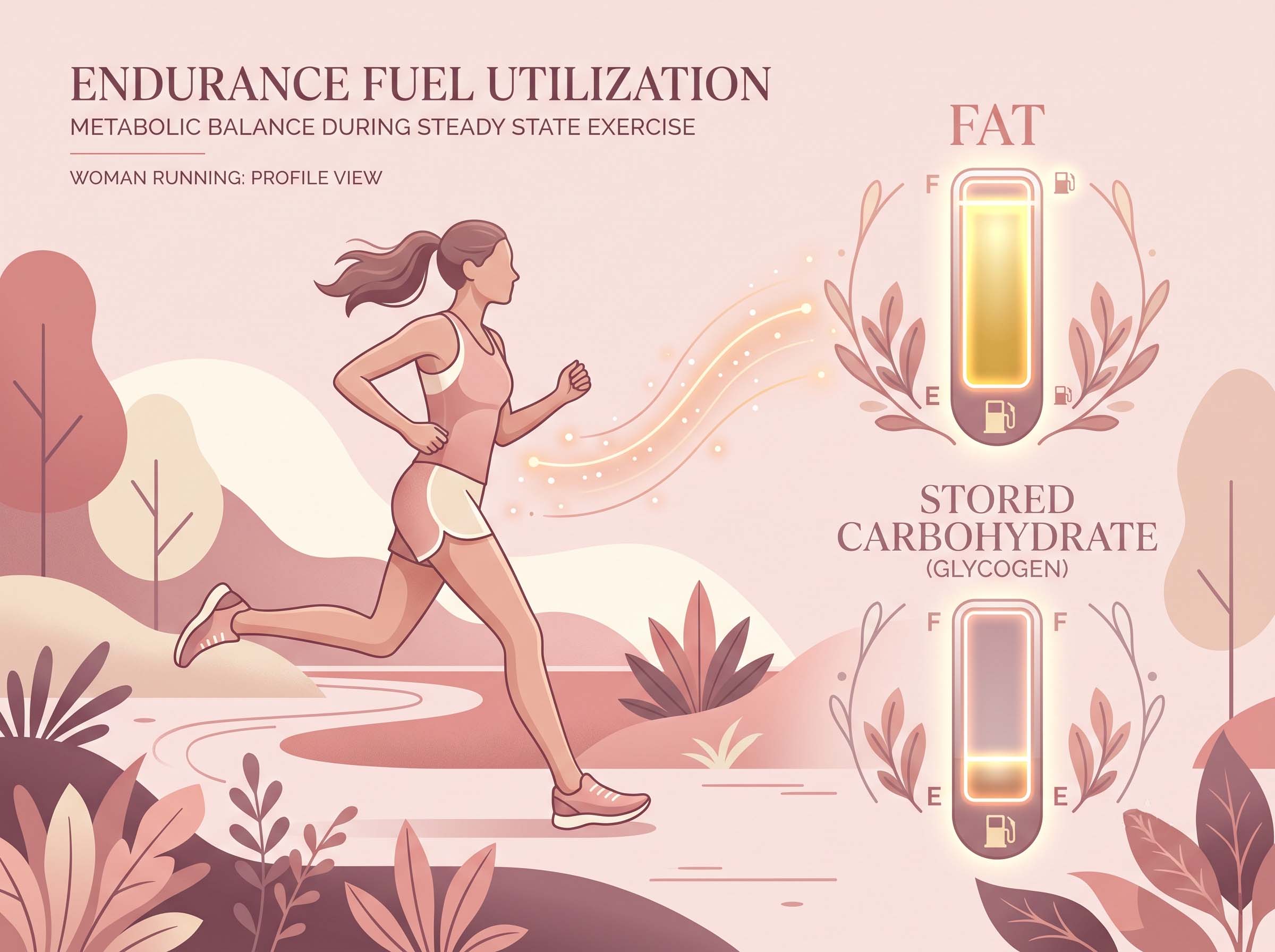 Illustration comparing the fuel mix a woman's body uses during steady endurance exercise, favoring fat over stored carbohydrate
