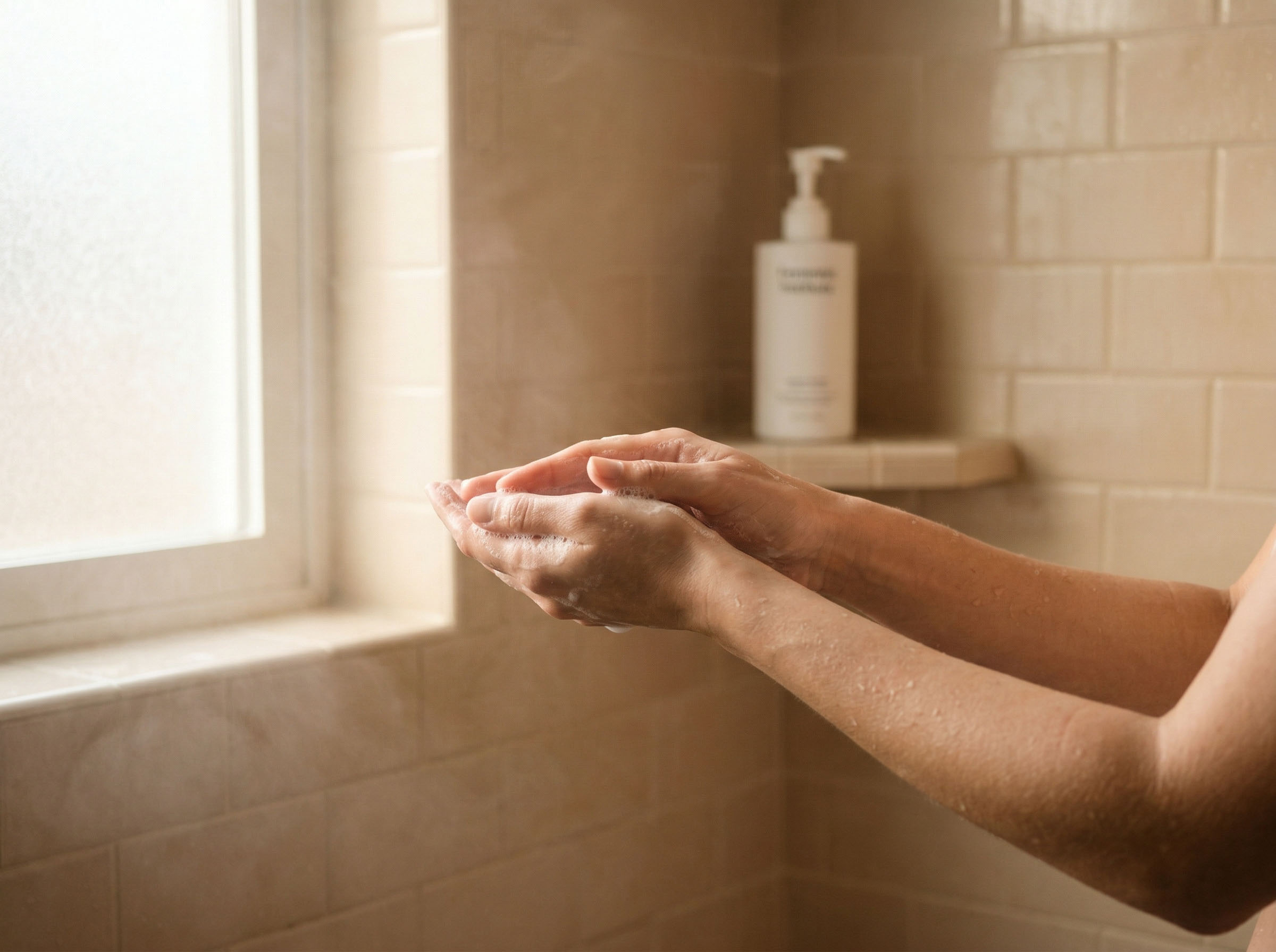 Woman in a calm, clean bathroom environment representing a mindful personal hygiene routine