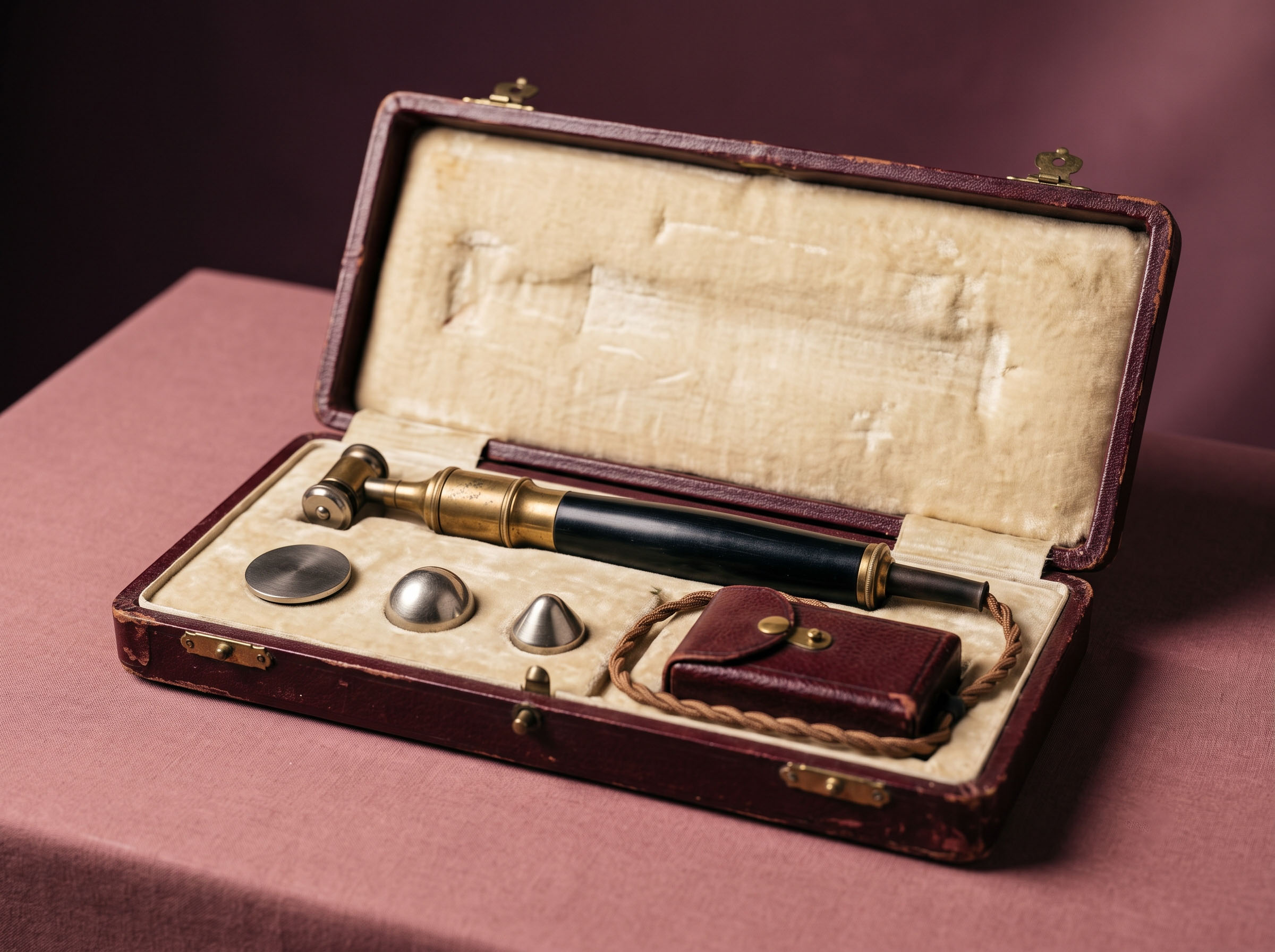 A Victorian-era battery-powered percuteur medical device with a leather case, on a neutral studio background