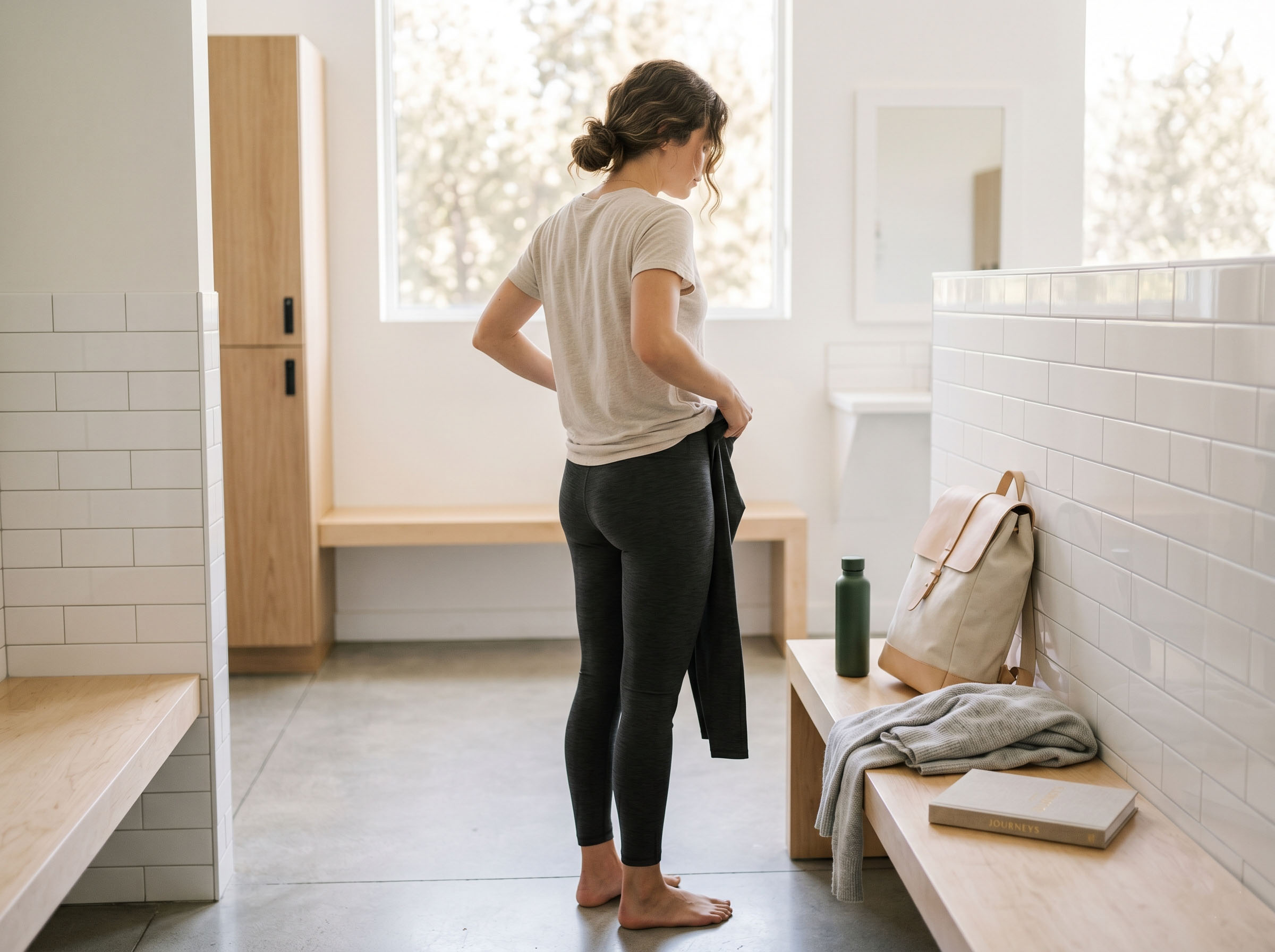 Woman changing out of gym leggings in a bright locker room