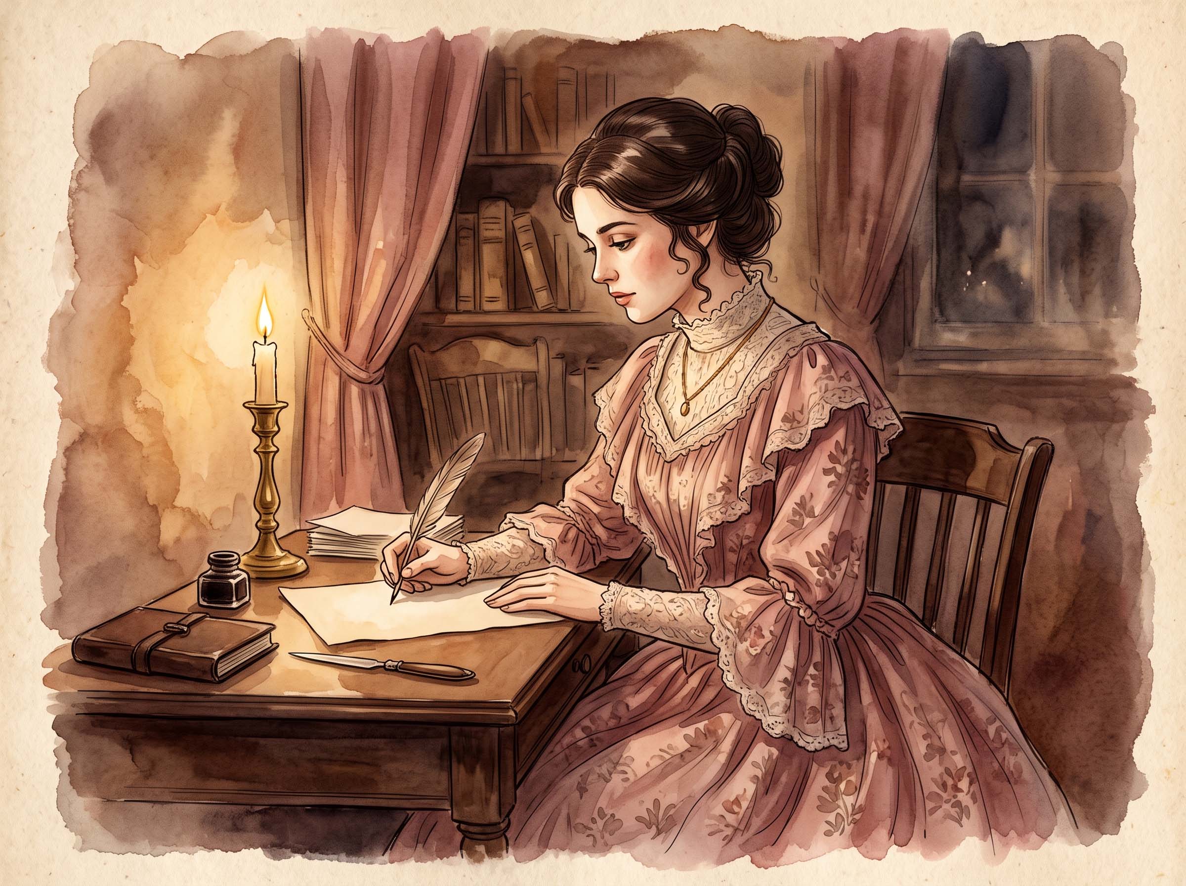 Vintage illustration of a woman writing a love letter by candlelight