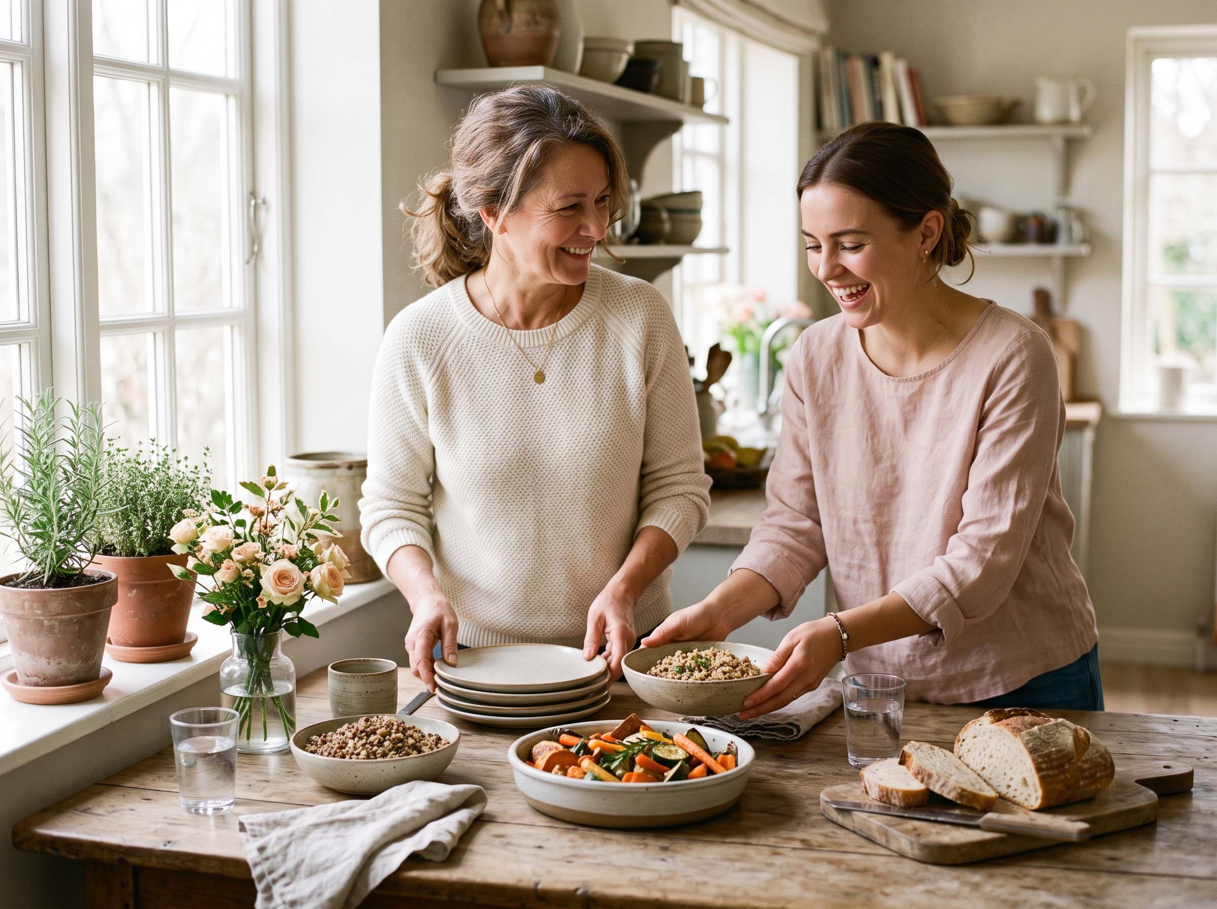 Mother and daughter setting a warm home-cooked meal on a family table in soft morning light