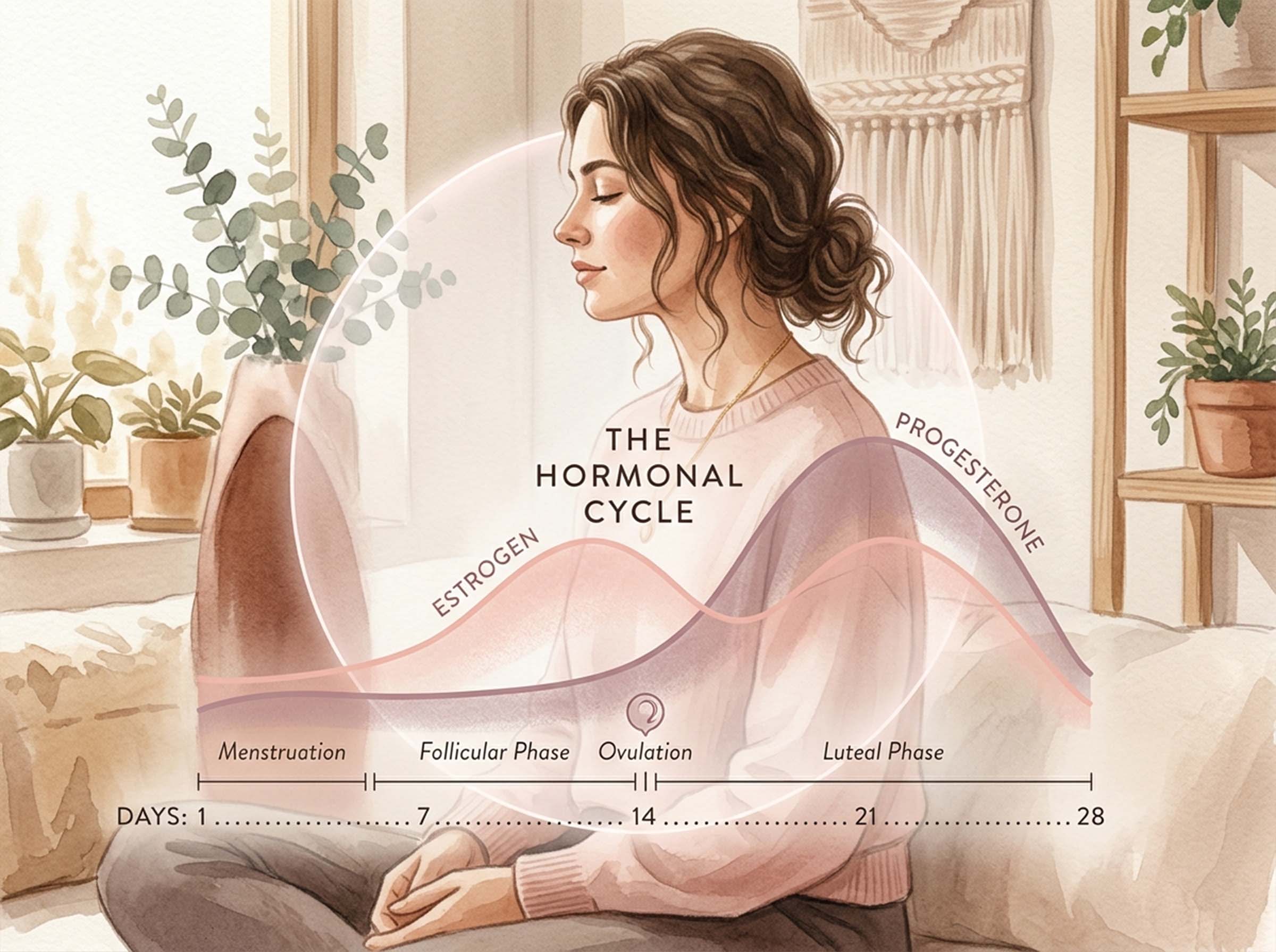 Illustration of a woman's hormonal cycle showing estrogen and progesterone phases linked to shifts in desire