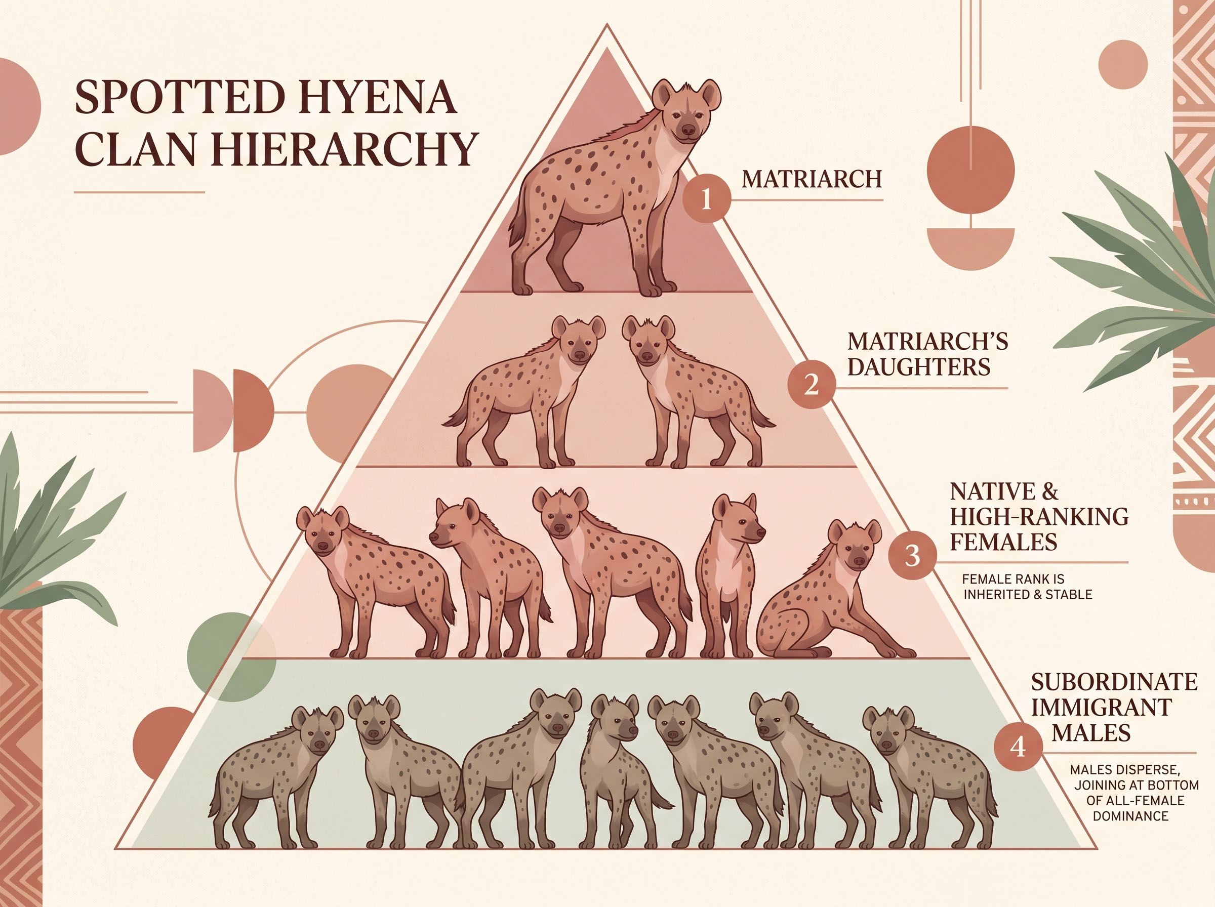 Illustrated diagram of spotted hyena clan social hierarchy showing female dominance structure