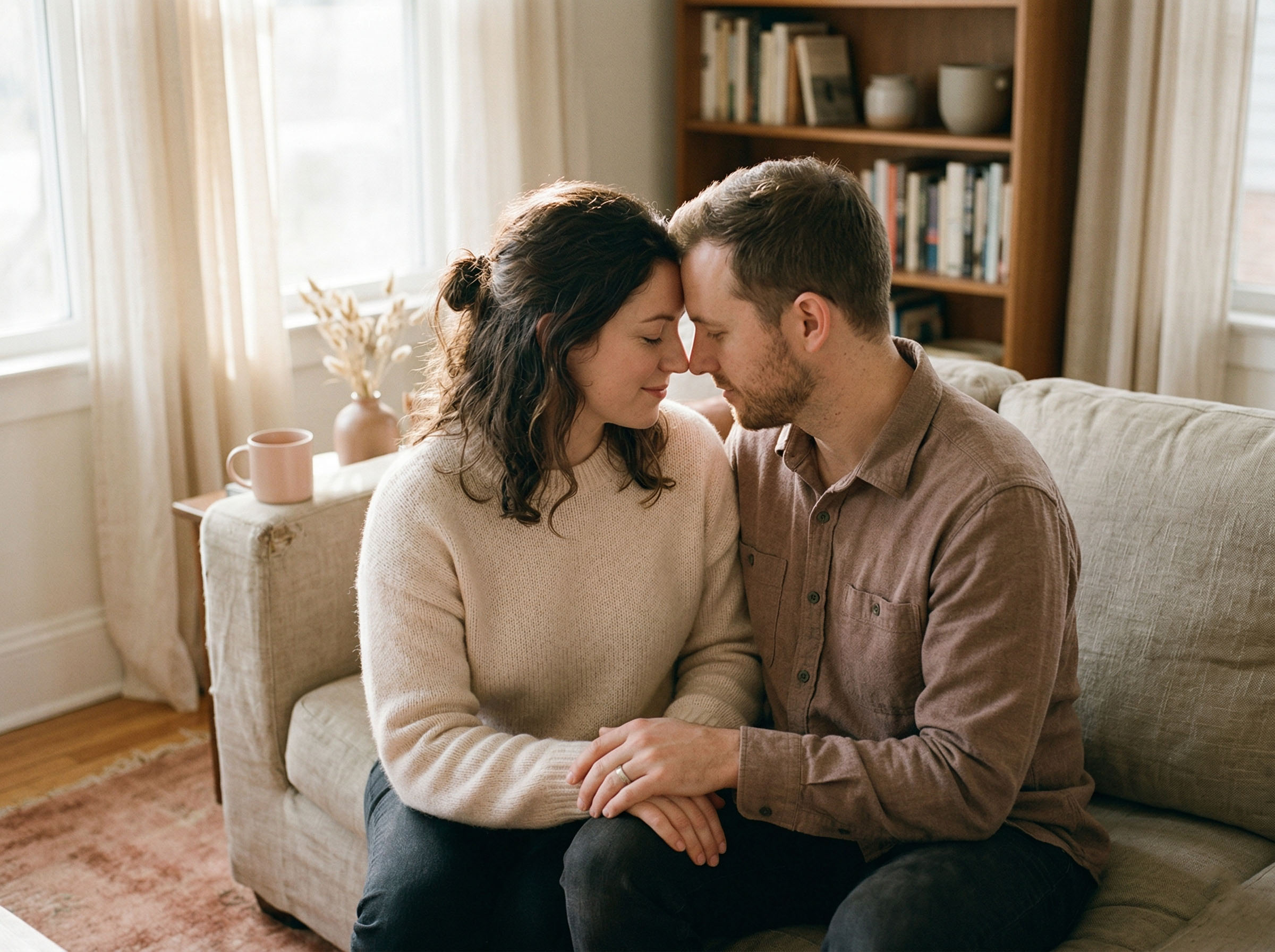 A couple sharing a warm, soft moment of connection and closeness