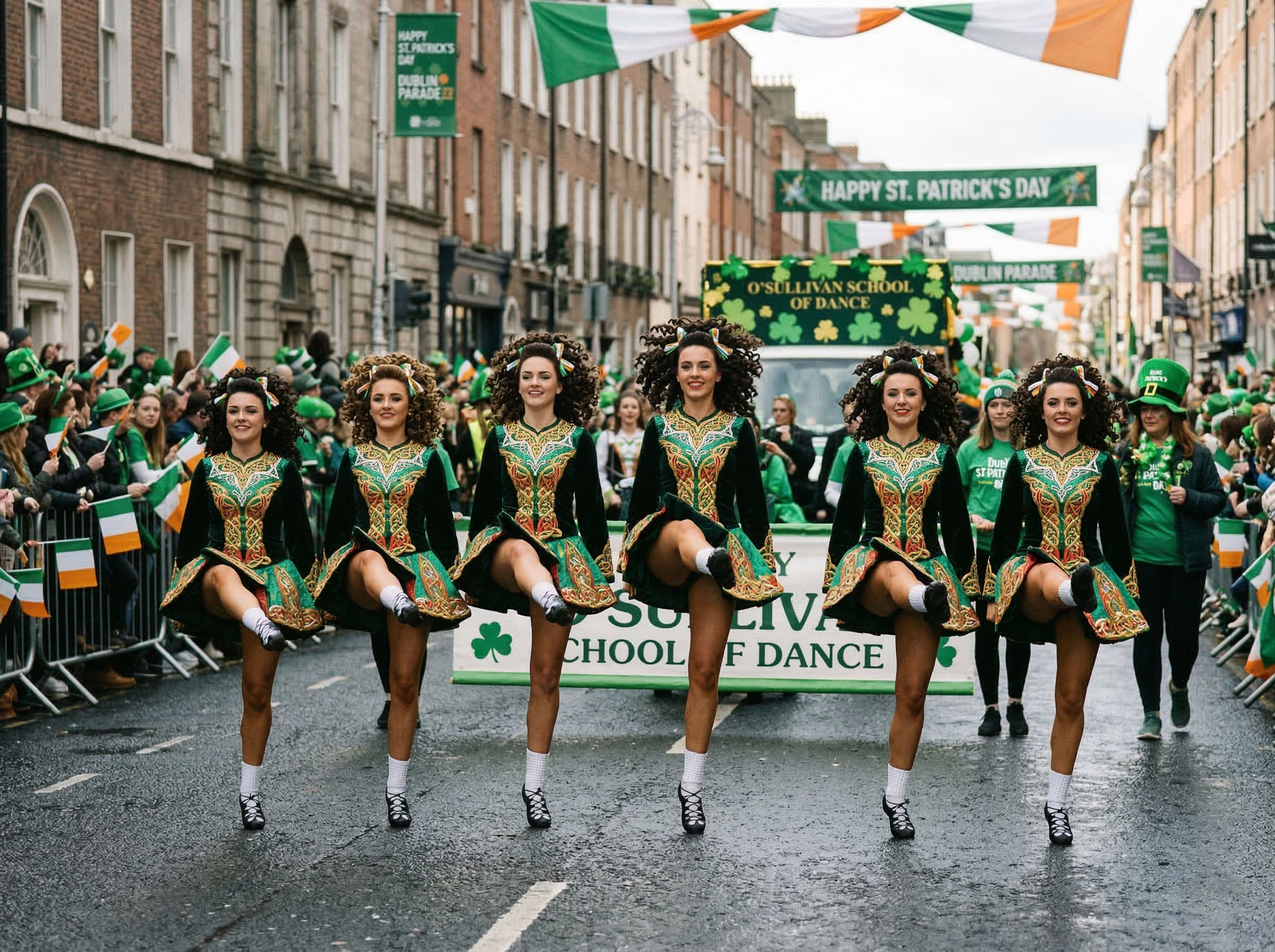 Bailarinas de danza irlandesa actuando en un desfile del Día de San Patricio