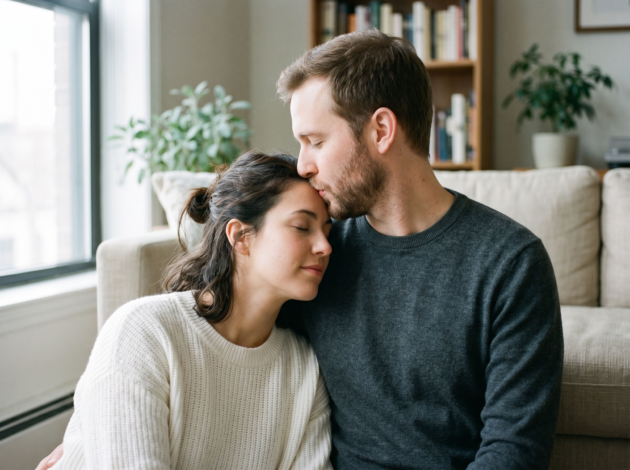 A man pressing a gentle kiss to a woman's forehead in soft morning light, expressing love through touch
